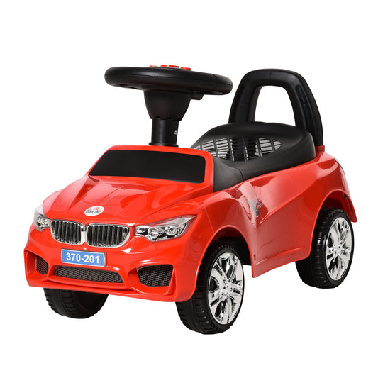 HOMCOM Coche Correpasillos para Niños de 18-36 Meses con Faros Música Bocina Volante Espacio de Almacenaje y Asa para Empujar 63,5x28x36 cm Rojo