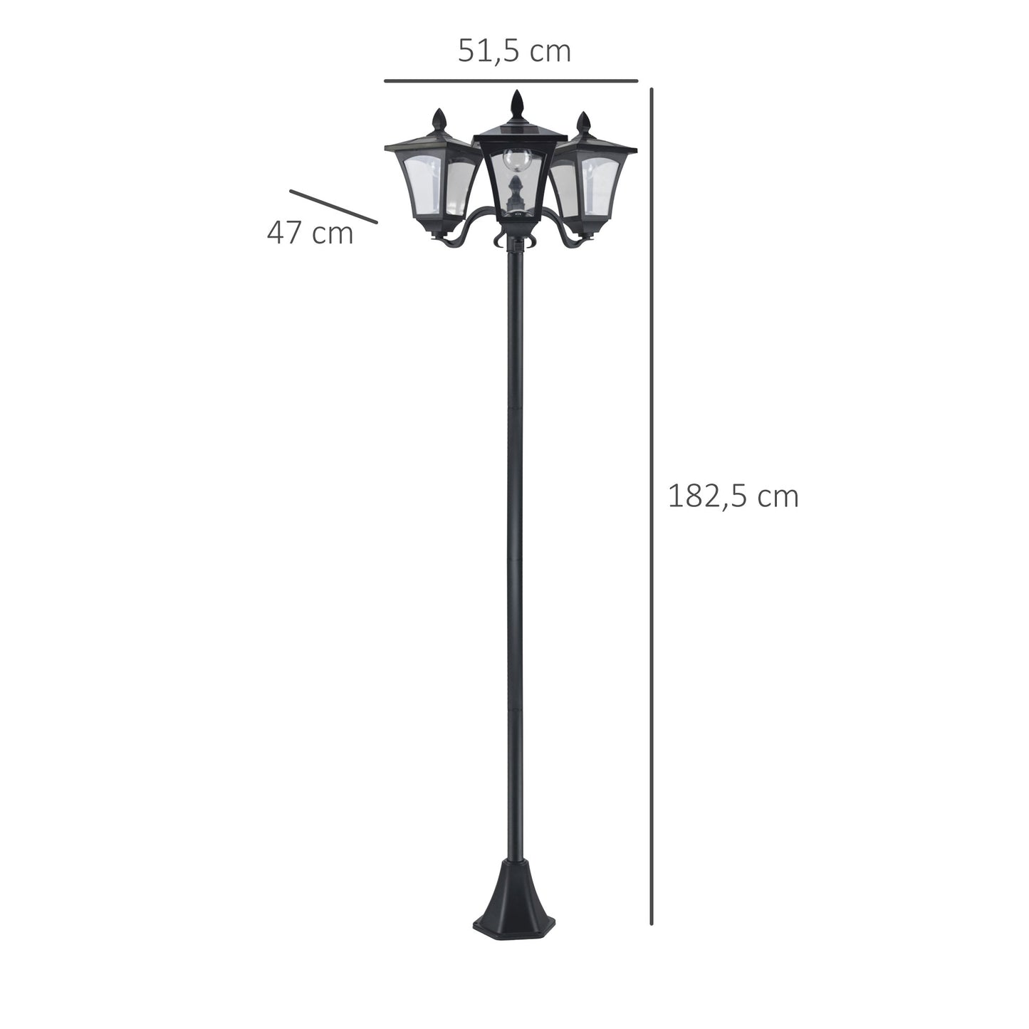 Outsunny Farol Solar de Jardín con 3 Luces LED Impermeable IP44 Sensor de Noche Farola de Exterior para Camino Terraza Patio 51,5x47x182,5 cm Negro