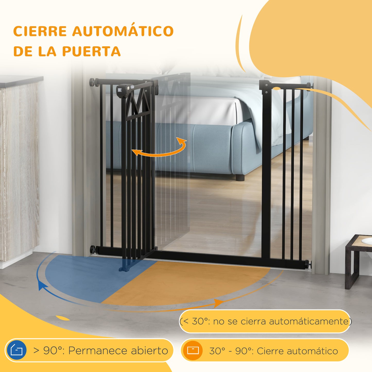 PawHut Barrera de Seguridad Extensible Barrera para Mascotas con Cierre Automático Sistema de Doble Bloqueo y 2 Extensiones para Puerta Pasillo Escalera 74-100x76 cm Negro