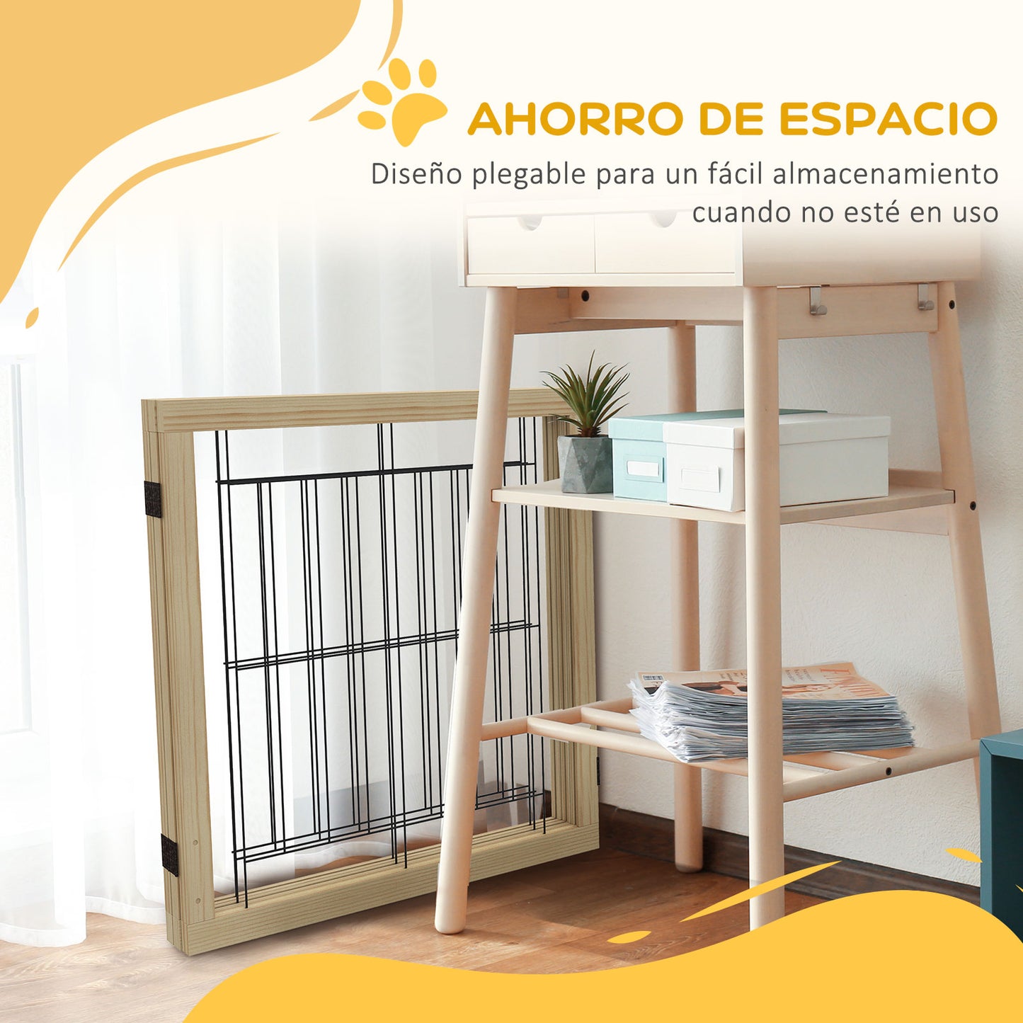 PawHut Barrera para Perros de Madera Valla para Mascotas Plegable de 3 Paneles con Plegado Bidireccional y Patas de Apoyo Triangulares para Puerta Pasillo Escalera 210x44x70 cm Madera Natural