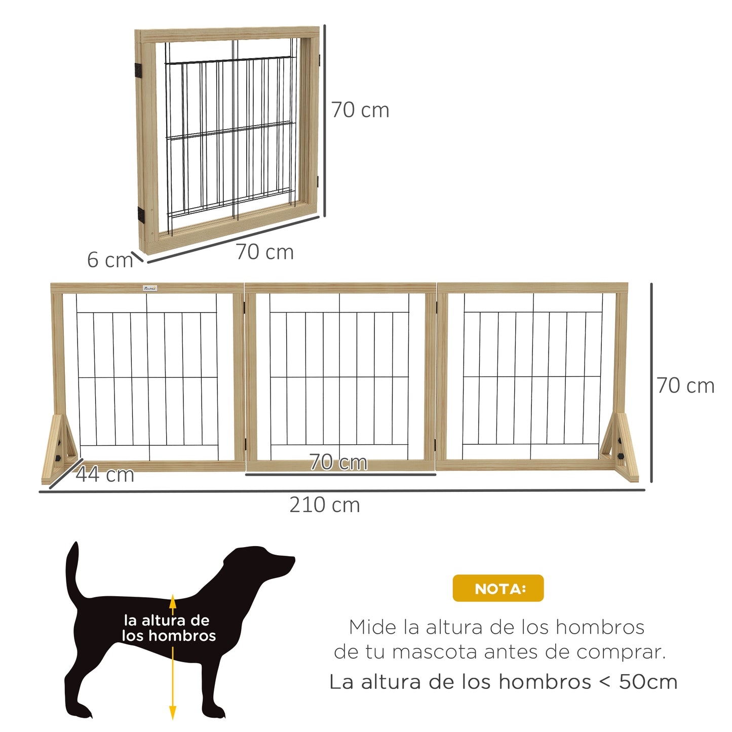 PawHut Barrera para Perros de Madera Valla para Mascotas Plegable de 3 Paneles con Plegado Bidireccional y Patas de Apoyo Triangulares para Puerta Pasillo Escalera 210x44x70 cm Madera Natural