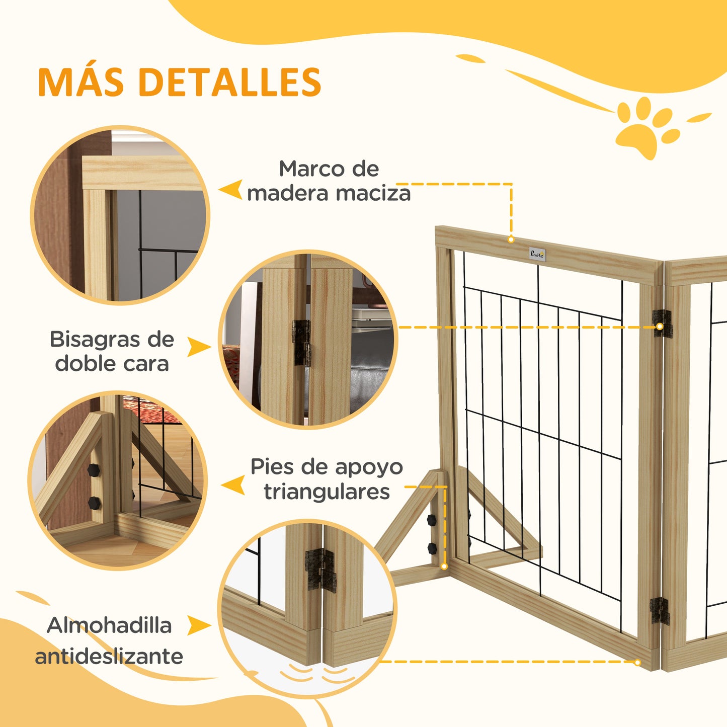 PawHut Barrera para Perros de Madera Valla para Mascotas Plegable de 3 Paneles con Plegado Bidireccional y Patas de Apoyo Triangulares para Puerta Pasillo Escalera 210x44x70 cm Madera Natural