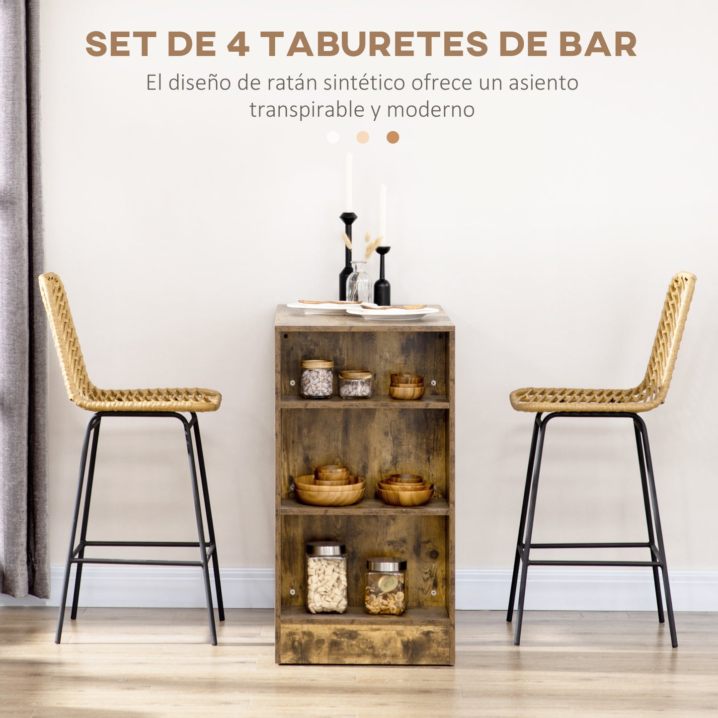 HOMCOM Conjunto de 4 Taburetes de Bar Modernos Taburetes Altos de Cocina con Asiento de Ratán Sintético y Patas de Acero Carga 120 kg para Comedor Sala 42,5x52x102 cm Natural