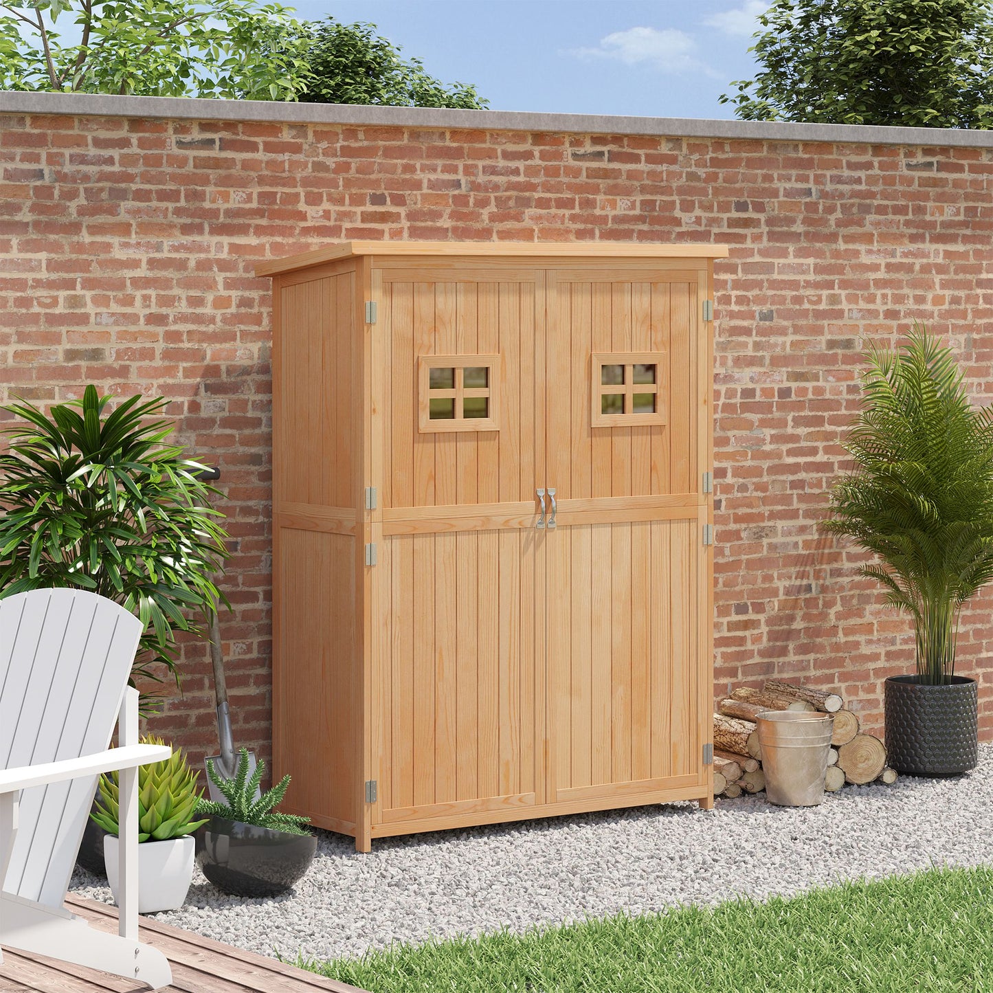 Outsunny Cobertizo de Madera Caseta de Jardín Exterior Armario Herramientas de Jardinería con Estantes Doble Puerta Ventanas y Techo Asfáltico 127,5x50x164 cm Natural