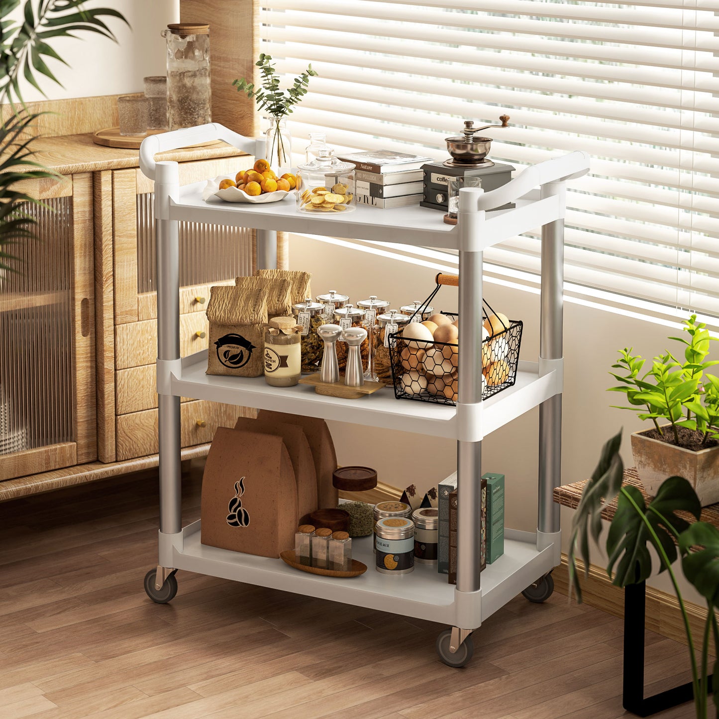 HOMCOM Carrito Auxiliar con Ruedas de Aleación de Aluminio Carrito de Cocina de 3 Niveles Carrito de Almacenamiento Carga 105 kg para Comedor Sala Baño 88x44x93 cm Blanco