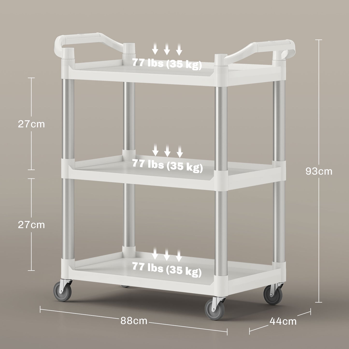 HOMCOM Carrito Auxiliar con Ruedas de Aleación de Aluminio Carrito de Cocina de 3 Niveles Carrito de Almacenamiento Carga 105 kg para Comedor Sala Baño 88x44x93 cm Blanco