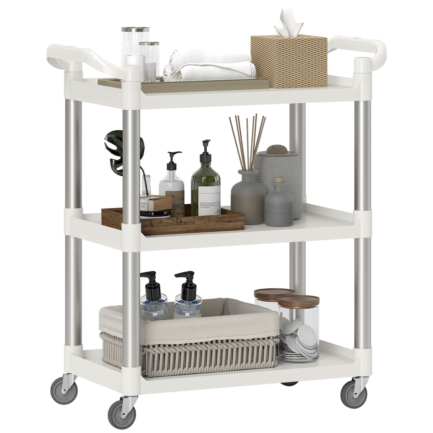 HOMCOM Carrito Auxiliar con Ruedas de Aleación de Aluminio Carrito de Cocina de 3 Niveles Carrito de Almacenamiento Carga 105 kg para Comedor Sala Baño 88x44x93 cm Blanco