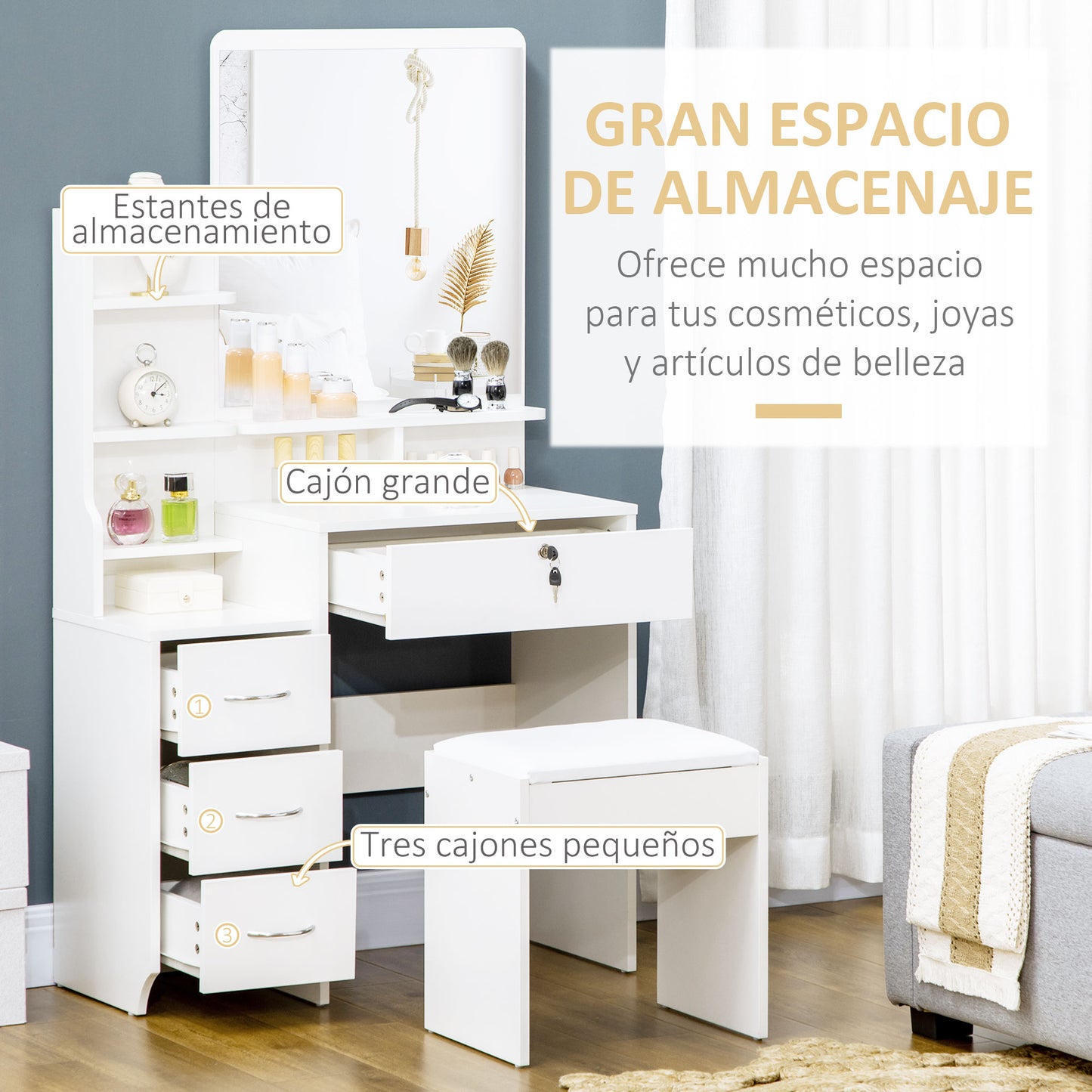 HOMCOM Tocador de Maquillaje con Taburete y Espejo Mesa de Maquillaje con 4 Cajones 4 Compartimientos de Almacenamiento Estilo Moderno 80x38x143 cm Blanco