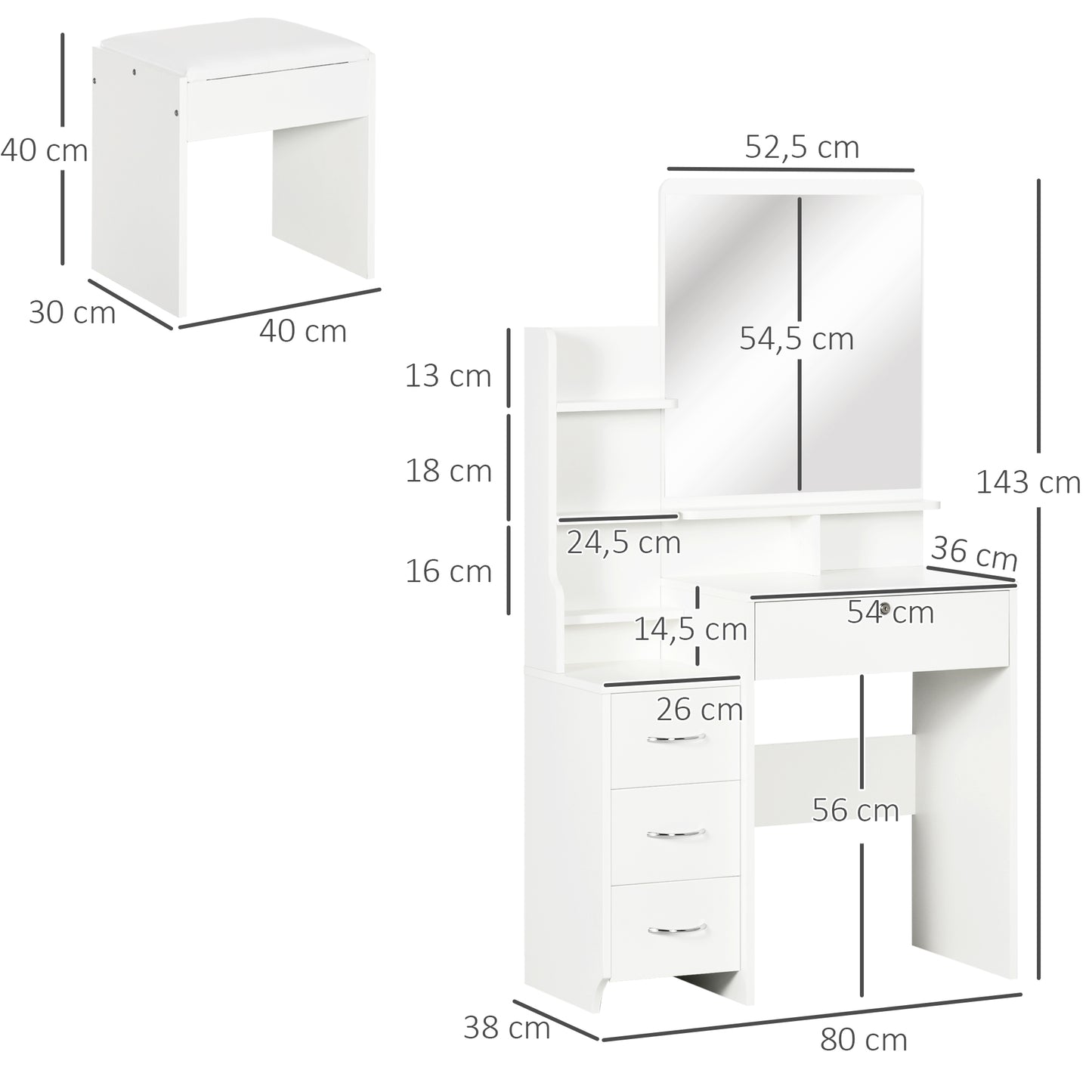 HOMCOM Tocador de Maquillaje con Taburete y Espejo Mesa de Maquillaje con 4 Cajones 4 Compartimientos de Almacenamiento Estilo Moderno 80x38x143 cm Blanco