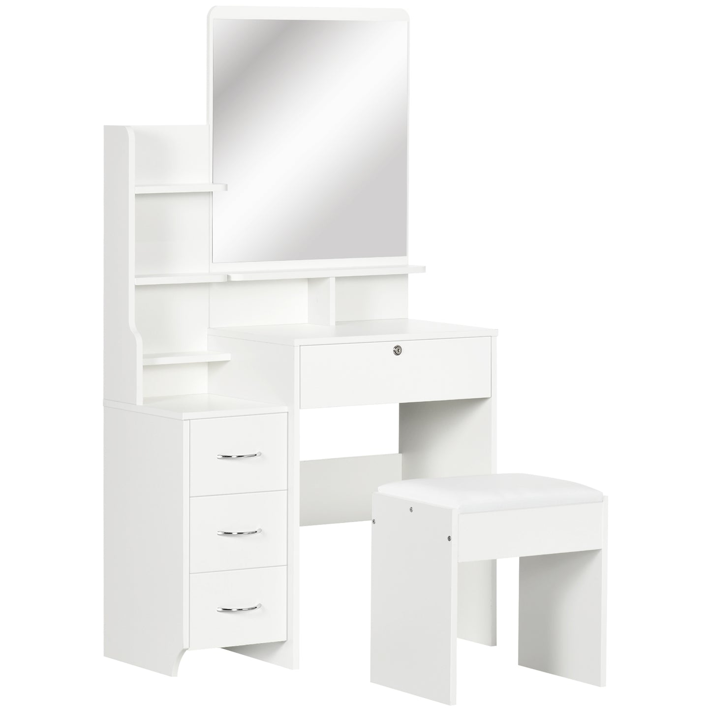 HOMCOM Tocador de Maquillaje con Taburete y Espejo Mesa de Maquillaje con 4 Cajones 4 Compartimientos de Almacenamiento Estilo Moderno 80x38x143 cm Blanco