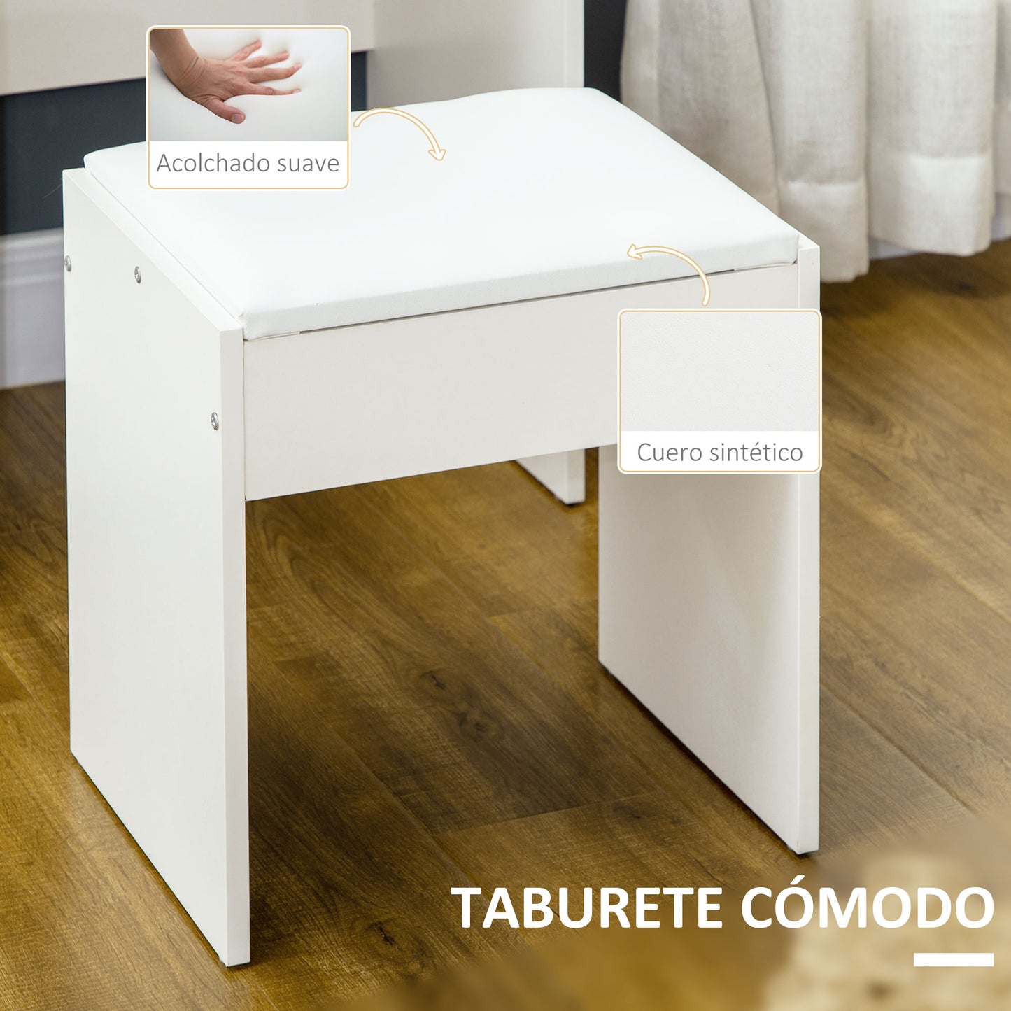 HOMCOM Tocador de Maquillaje con Taburete y Espejo Mesa de Maquillaje con 4 Cajones 4 Compartimientos de Almacenamiento Estilo Moderno 80x38x143 cm Blanco