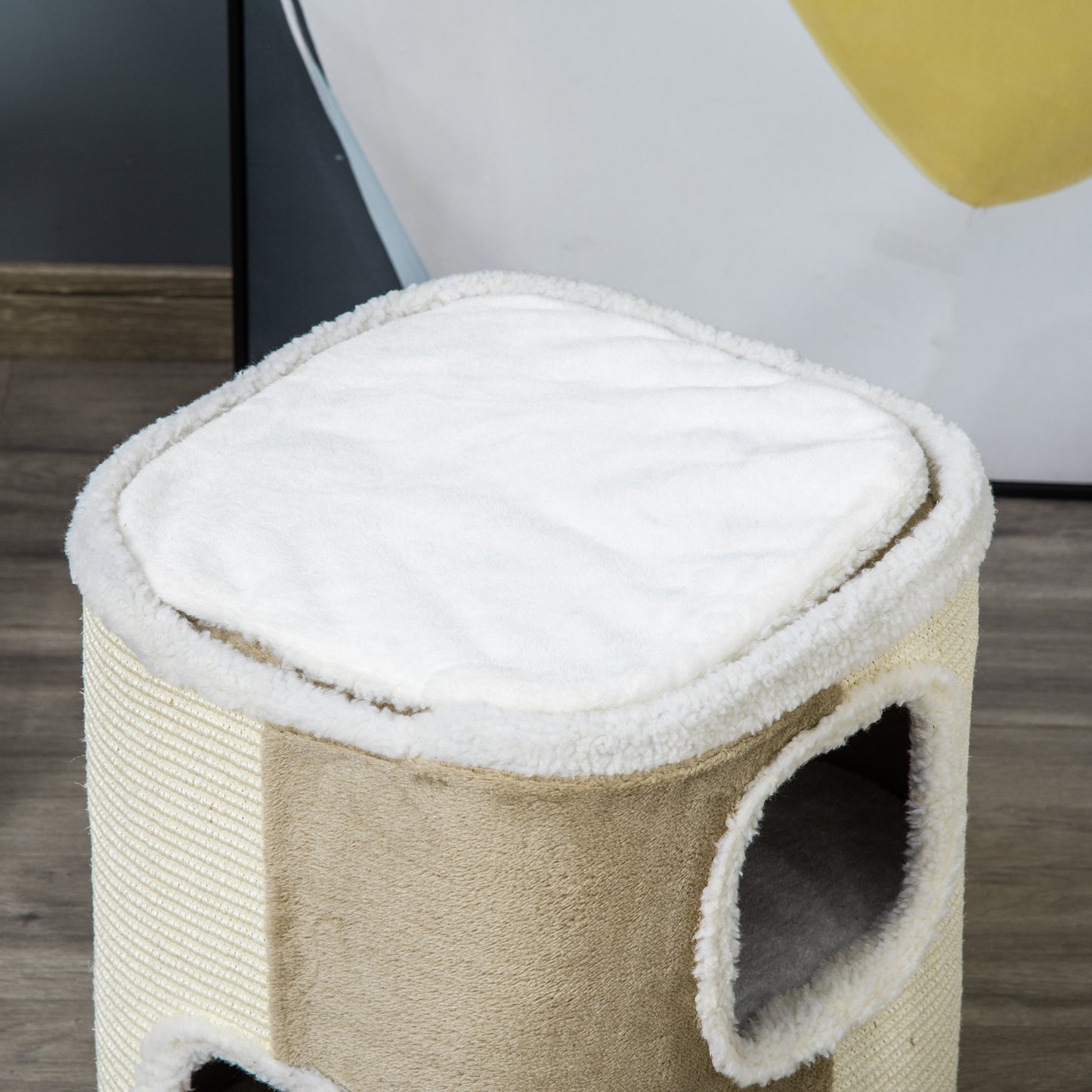 PawHut Barril Rascador para Gatos de 2 Niveles con Cuevas de Sisal Felpa Suave y Plataforma de Vellón 40x40x49 cm Beige