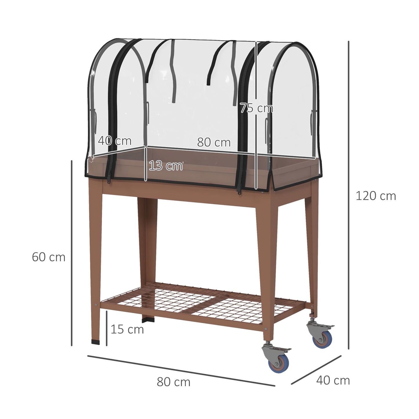 Outsunny Mesa de Cultivo con Ruedas 80x40x120 cm Huerto Urbano Elevado con Cubierta de Invernadero y Estante Inferior para Cultivo Plantas Flores Verduras Marrón