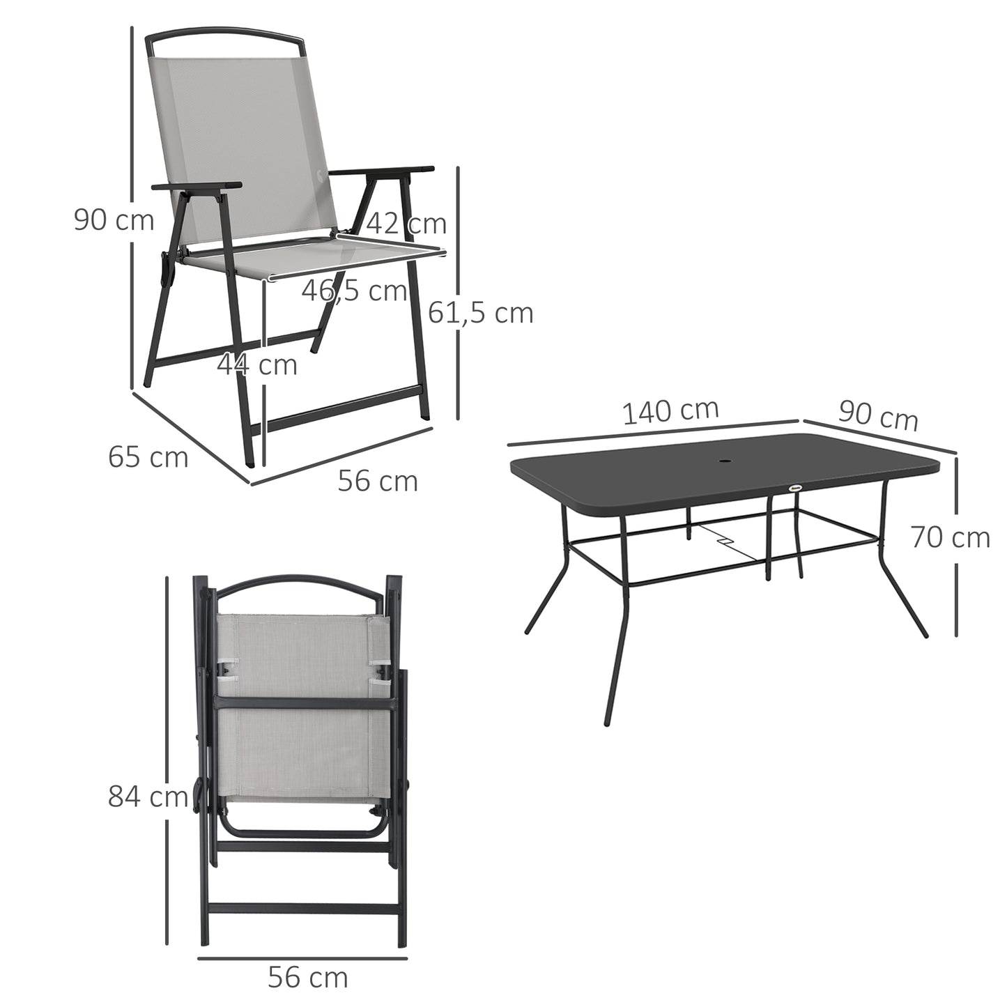 Outsunny Conjunto de Muebles de Jardín de 7 Piezas Conjunto de Comedor de Exterior con 6 Sillas Plegables y Mesa de con Orificio para Sombrilla para Terraza Exterior Gris