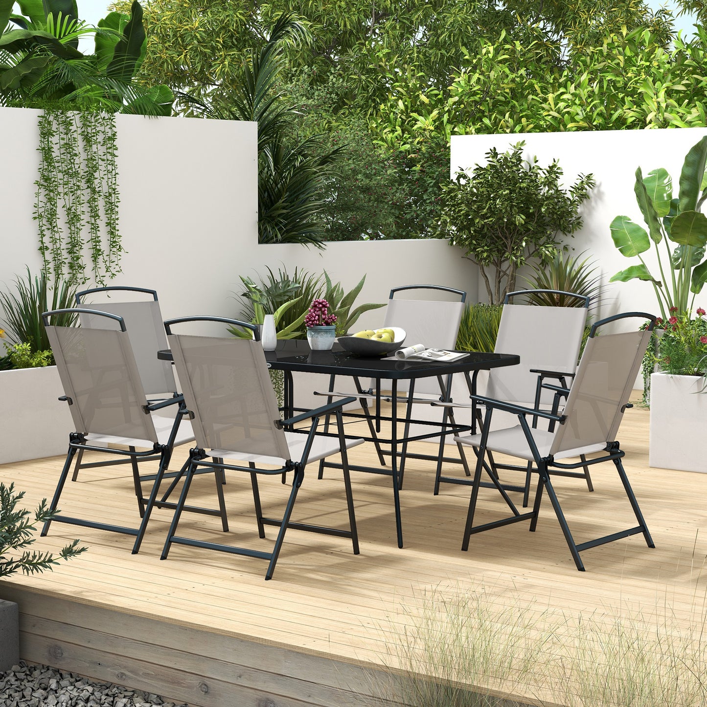 Outsunny Conjunto de Muebles de Jardín de 7 Piezas Conjunto de Comedor de Exterior con 6 Sillas Plegables y Mesa de con Orificio para Sombrilla para Terraza Exterior Gris