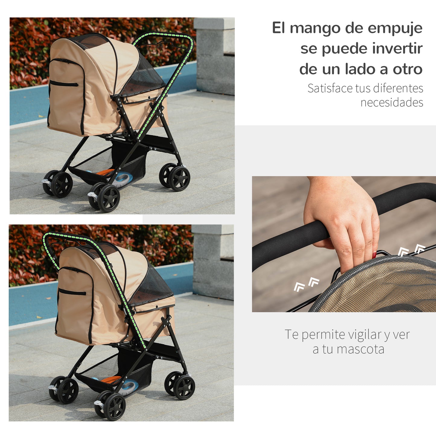 PawHut Carrito para Perros Plegable Cochecito para Perros Pequeños Cochecito para Mascotas con Mango Reversible Ventana de Malla Cesta de Almacenamiento y Cuerda de Seguridad 76,5x52x95 cm Marrón