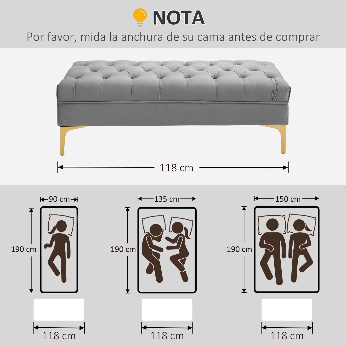 HOMCOM Banco Pie de Cama Taburete Pie de Cama con Asiento Acolchado y Patas Metálicas Banqueta de Dormitorio para Entrada Pasillo Carga 120 kg 118x45x42 cm Gris