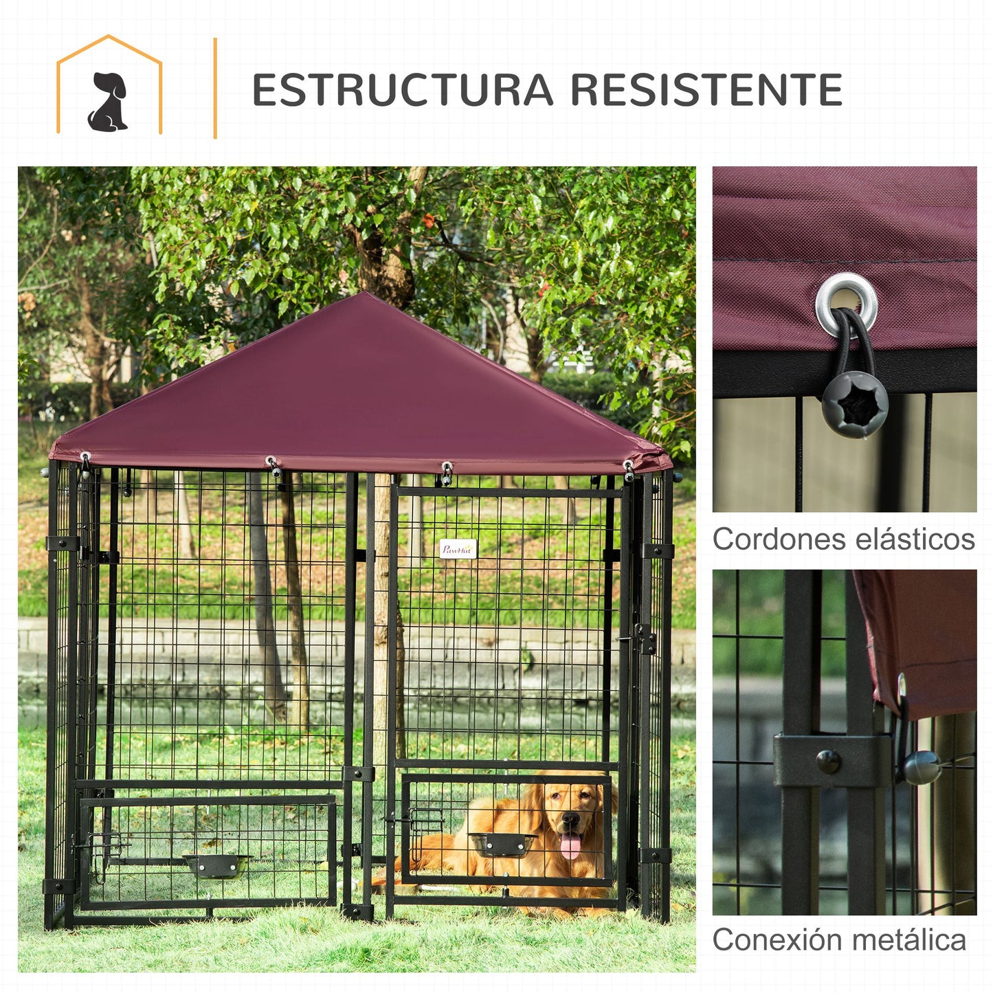 PawHut Perrera de 8 Paneles Parque para Perros Metálica de Exterior con 2 Soportes Giratorios para Comida 2 Cuencos y Toldo de Impermeable y Anti-UV 141x141x153 cm Negro y Rojo