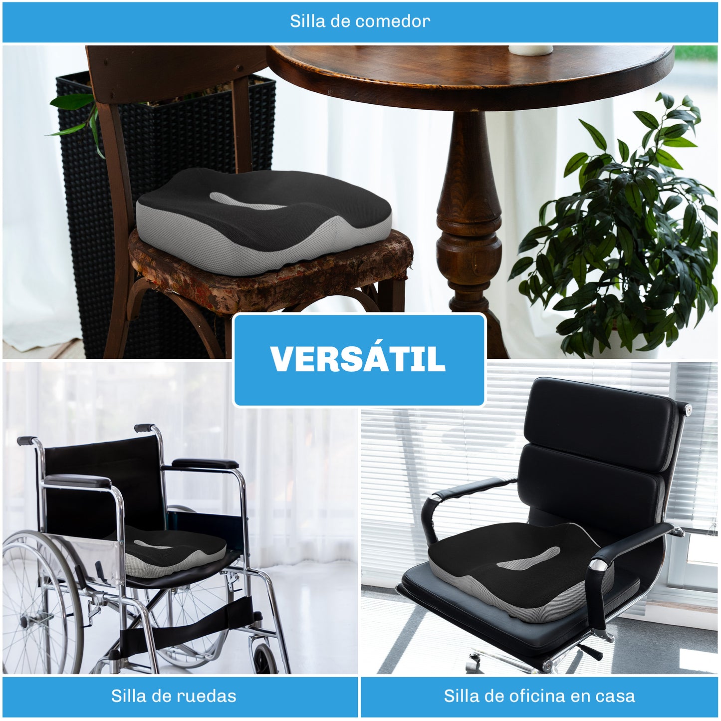 HOMCOM Cojín de Asiento de Espuma Viscoelástica Cojín para Silla de Oficina con Base Antideslizante y Funda de Malla para Silla de Comedor Silla de Ruedas Negro