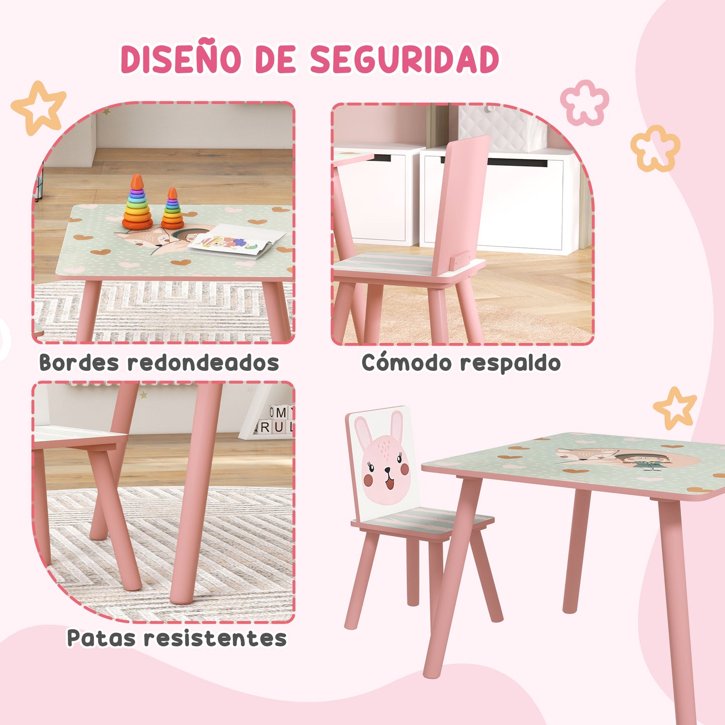 ZONEKIZ Conjunto para Niños Incluye 1 Estantería para Juguetes con Pizarra Pintable 2 Cajas de Tela no Tejida y 1 Mesa Infantil con 2 Sillas para Dormitorio Sala de Juegos Rosa