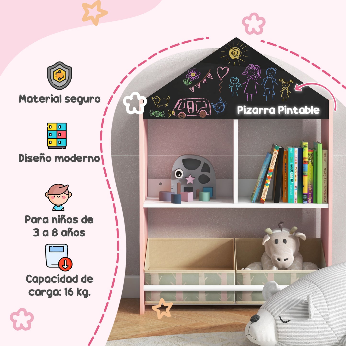 ZONEKIZ Conjunto para Niños Incluye 1 Estantería para Juguetes con Pizarra Pintable 2 Cajas de Tela no Tejida y 1 Mesa Infantil con 2 Sillas para Dormitorio Sala de Juegos Rosa