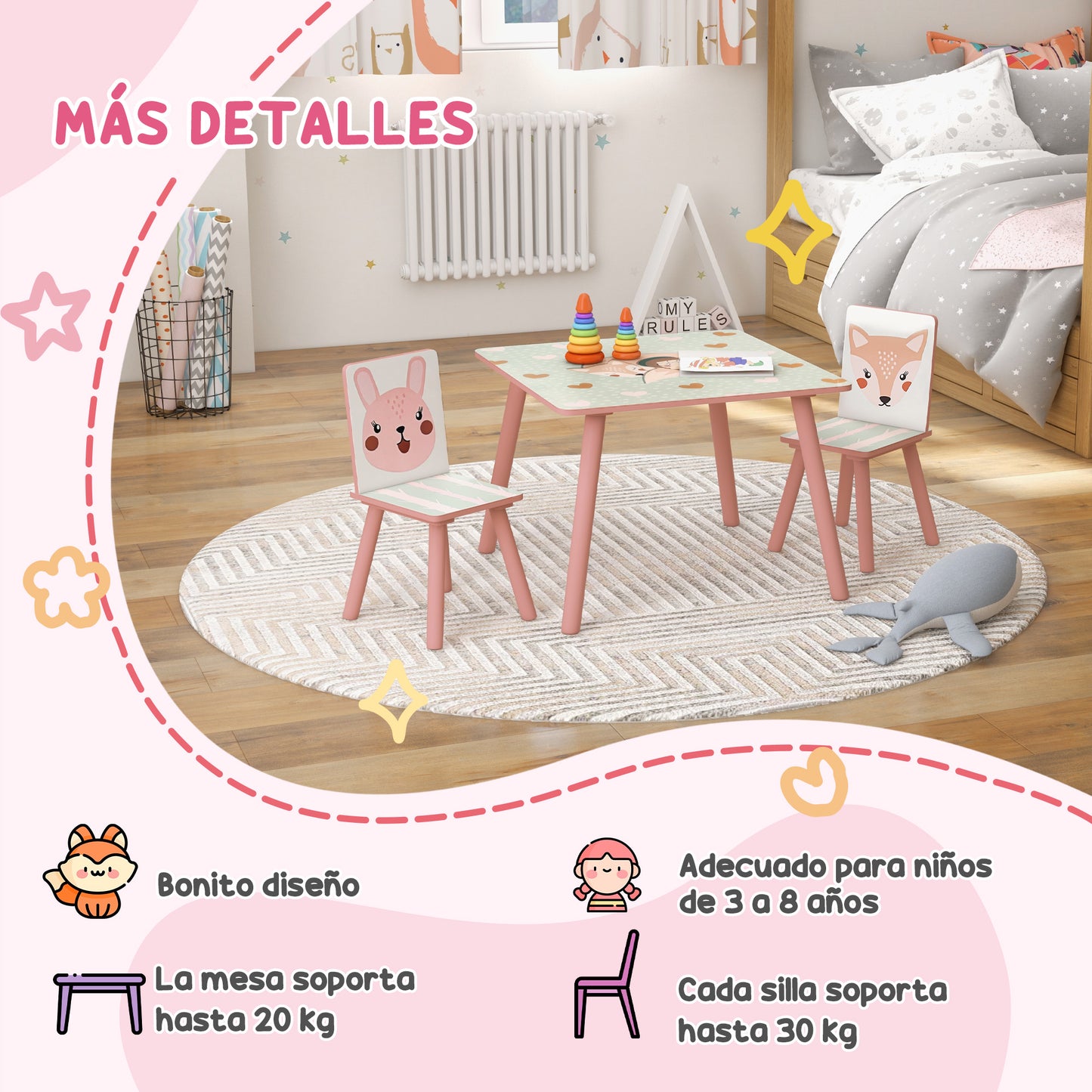 ZONEKIZ Conjunto para Niños Incluye 1 Estantería para Juguetes con Pizarra Pintable 2 Cajas de Tela no Tejida y 1 Mesa Infantil con 2 Sillas para Dormitorio Sala de Juegos Rosa