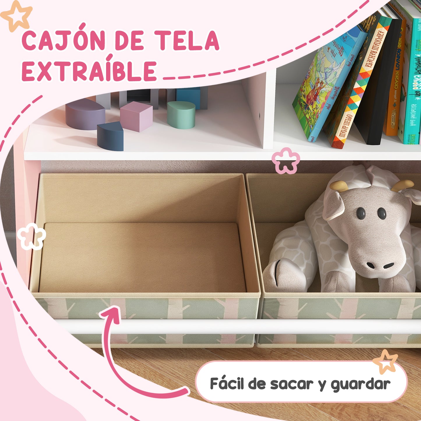 ZONEKIZ Conjunto para Niños Incluye 1 Estantería para Juguetes con Pizarra Pintable 2 Cajas de Tela no Tejida y 1 Mesa Infantil con 2 Sillas para Dormitorio Sala de Juegos Rosa