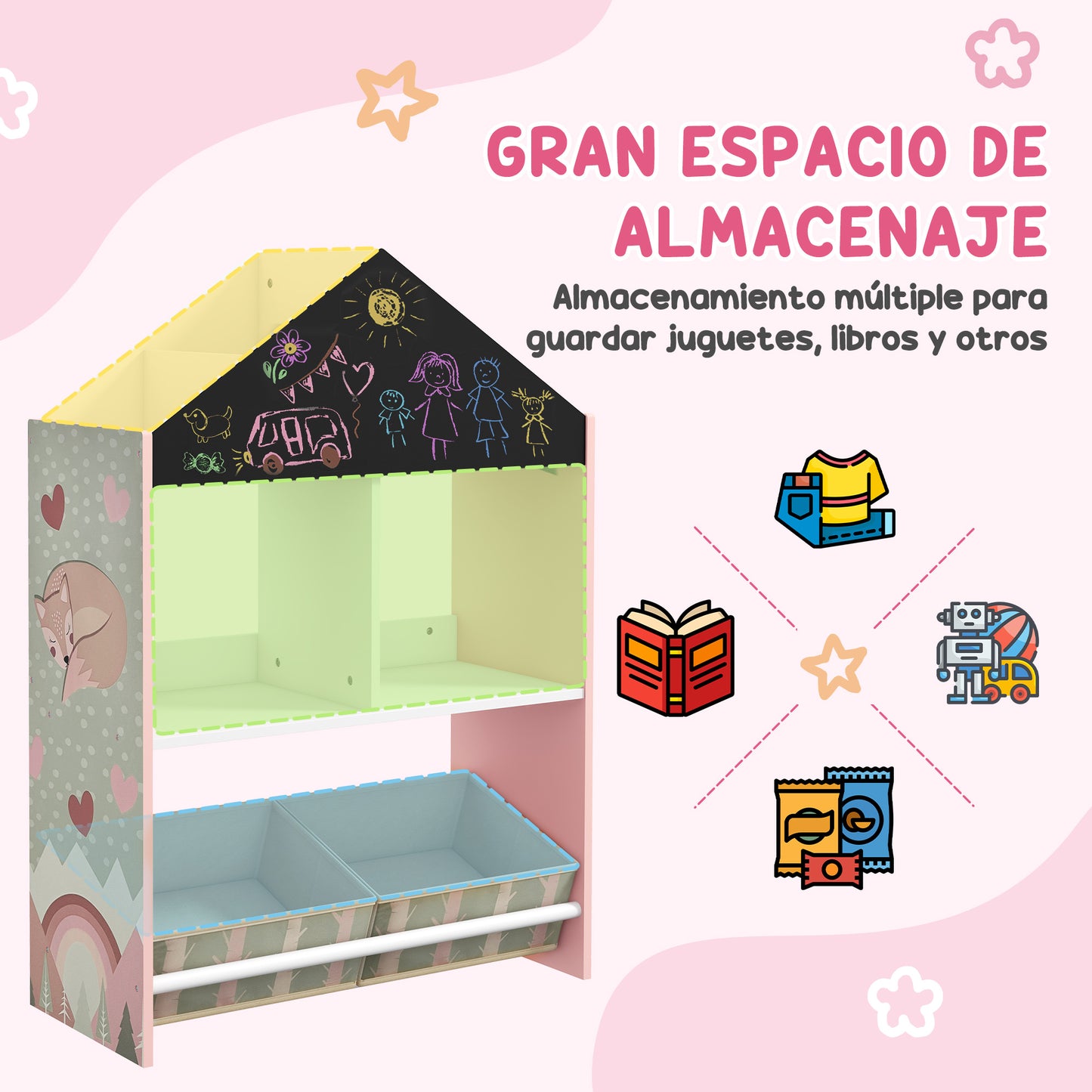 ZONEKIZ Conjunto para Niños Incluye 1 Estantería para Juguetes con Pizarra Pintable 2 Cajas de Tela no Tejida y 1 Mesa Infantil con 2 Sillas para Dormitorio Sala de Juegos Rosa