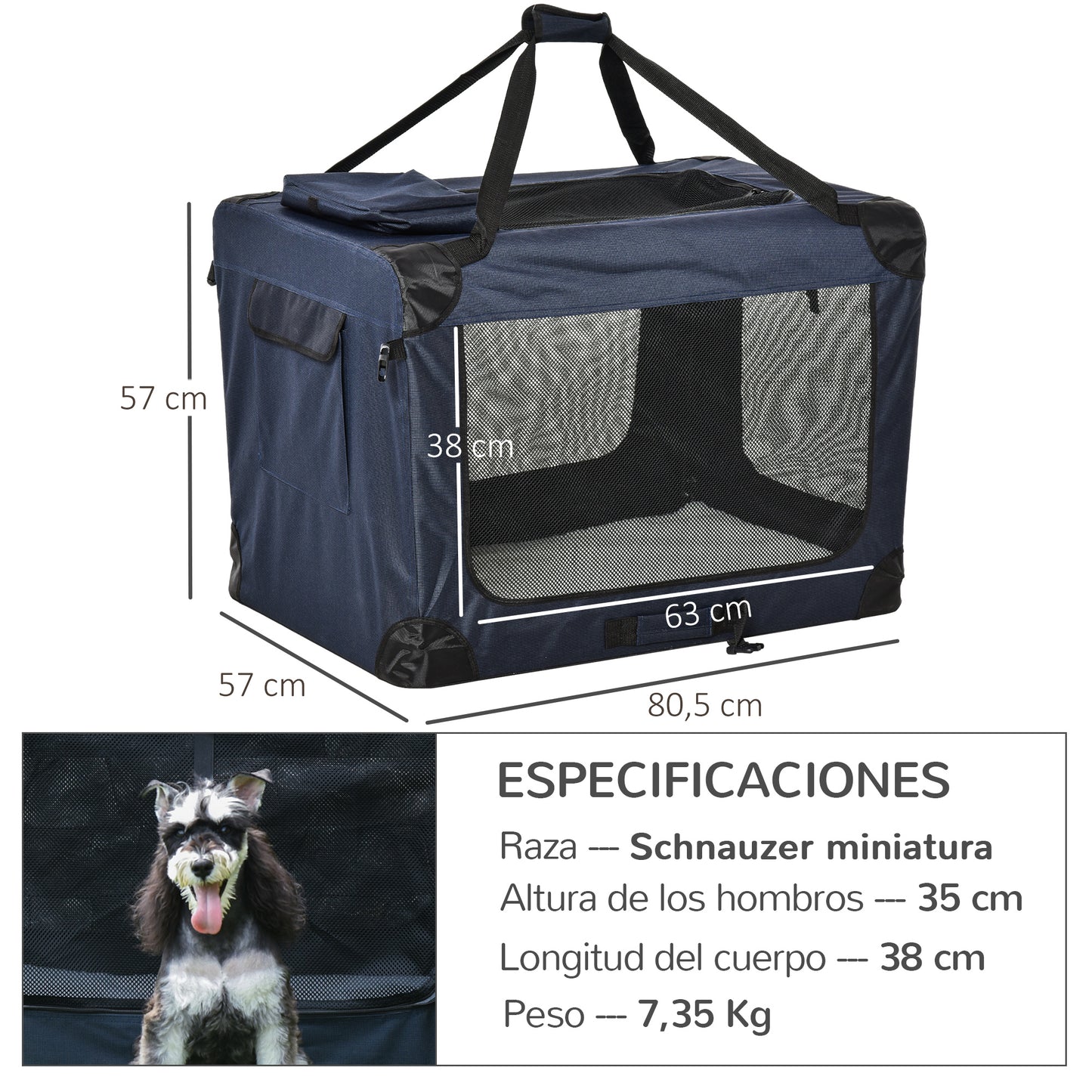 PawHut Transportín Perro Gato Bolsa de Transporte Portátil y Transpirable para Mascotas Plegable con Cojín 3 Puertas y Ventana de Malla 2 Bolsillos 80,5x57x57 cm Azul Oscuro