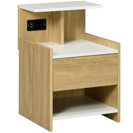 HOMCOM Mesita de Noche Moderna Mesilla de Noche con Puertos USB Toma de Corriente Cajón y Estantes Mesa de Noche para Dormitorio Salón 40x40x60 cm Natural