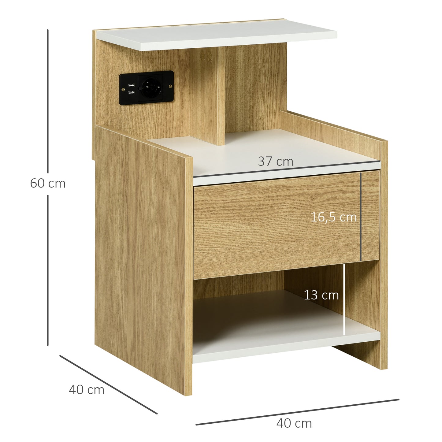 HOMCOM Mesita de Noche Moderna Mesilla de Noche con Puertos USB Toma de Corriente Cajón y Estantes Mesa de Noche para Dormitorio Salón 40x40x60 cm Natural