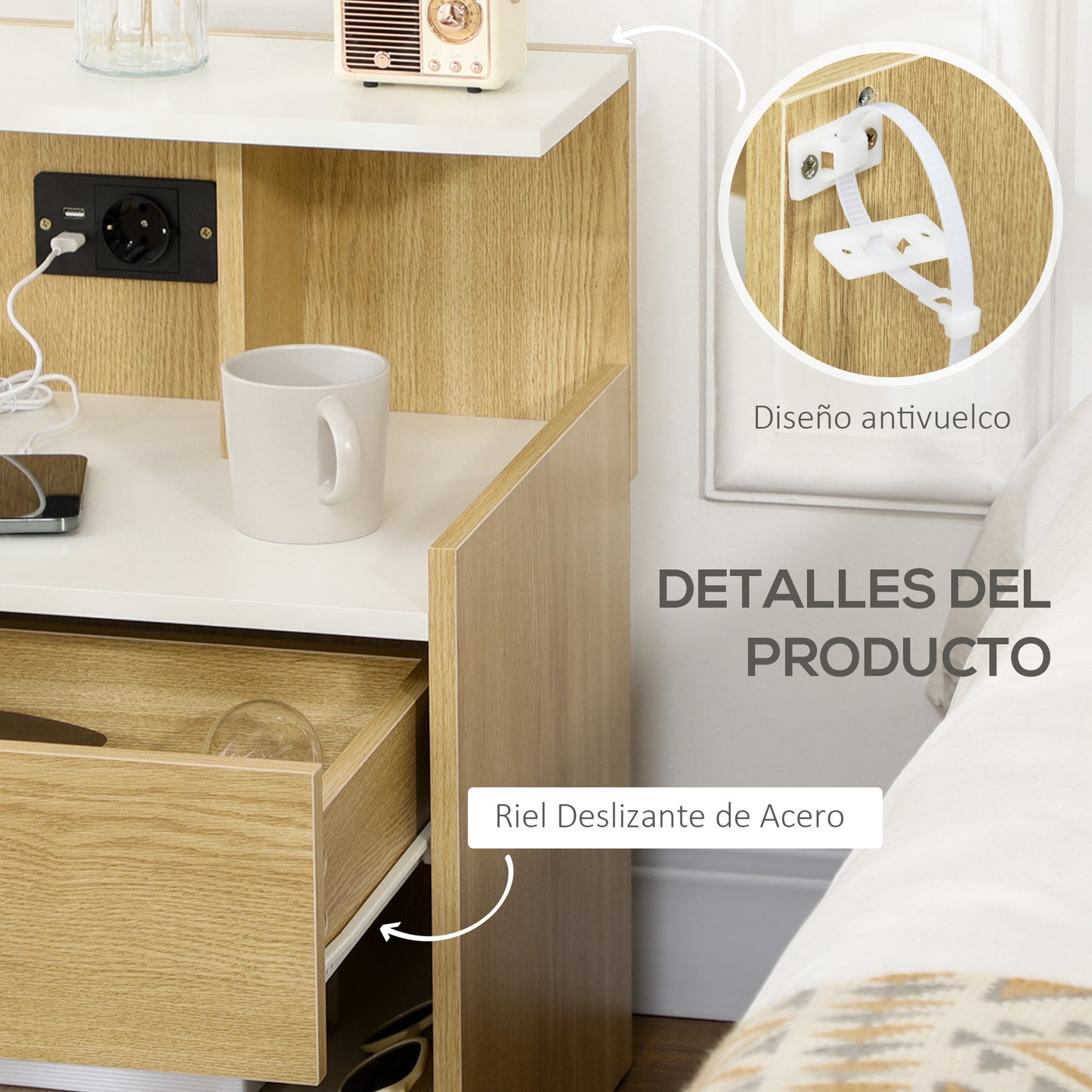 HOMCOM Mesita de Noche Moderna Mesilla de Noche con Puertos USB Toma de Corriente Cajón y Estantes Mesa de Noche para Dormitorio Salón 40x40x60 cm Natural