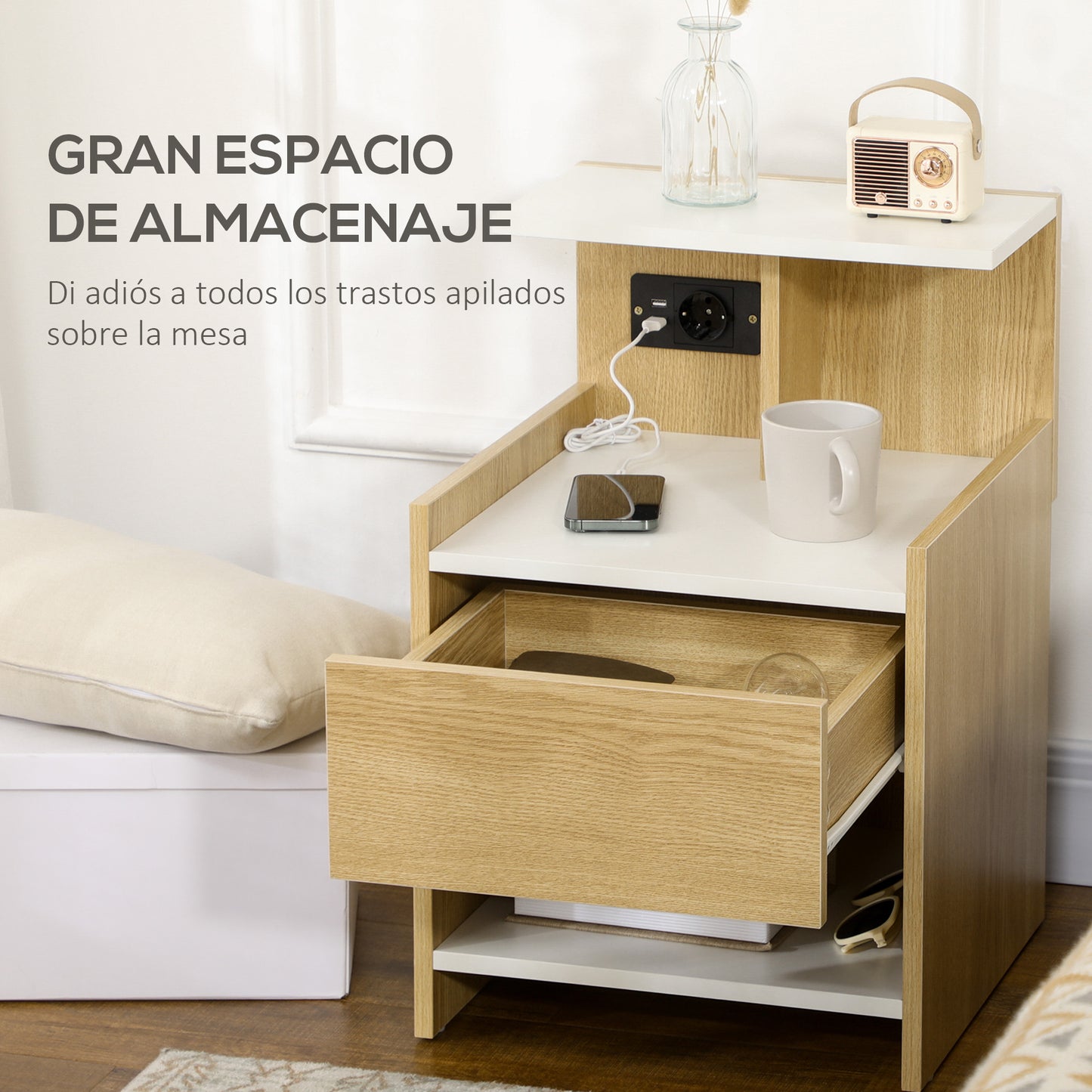 HOMCOM Mesita de Noche Moderna Mesilla de Noche con Puertos USB Toma de Corriente Cajón y Estantes Mesa de Noche para Dormitorio Salón 40x40x60 cm Natural