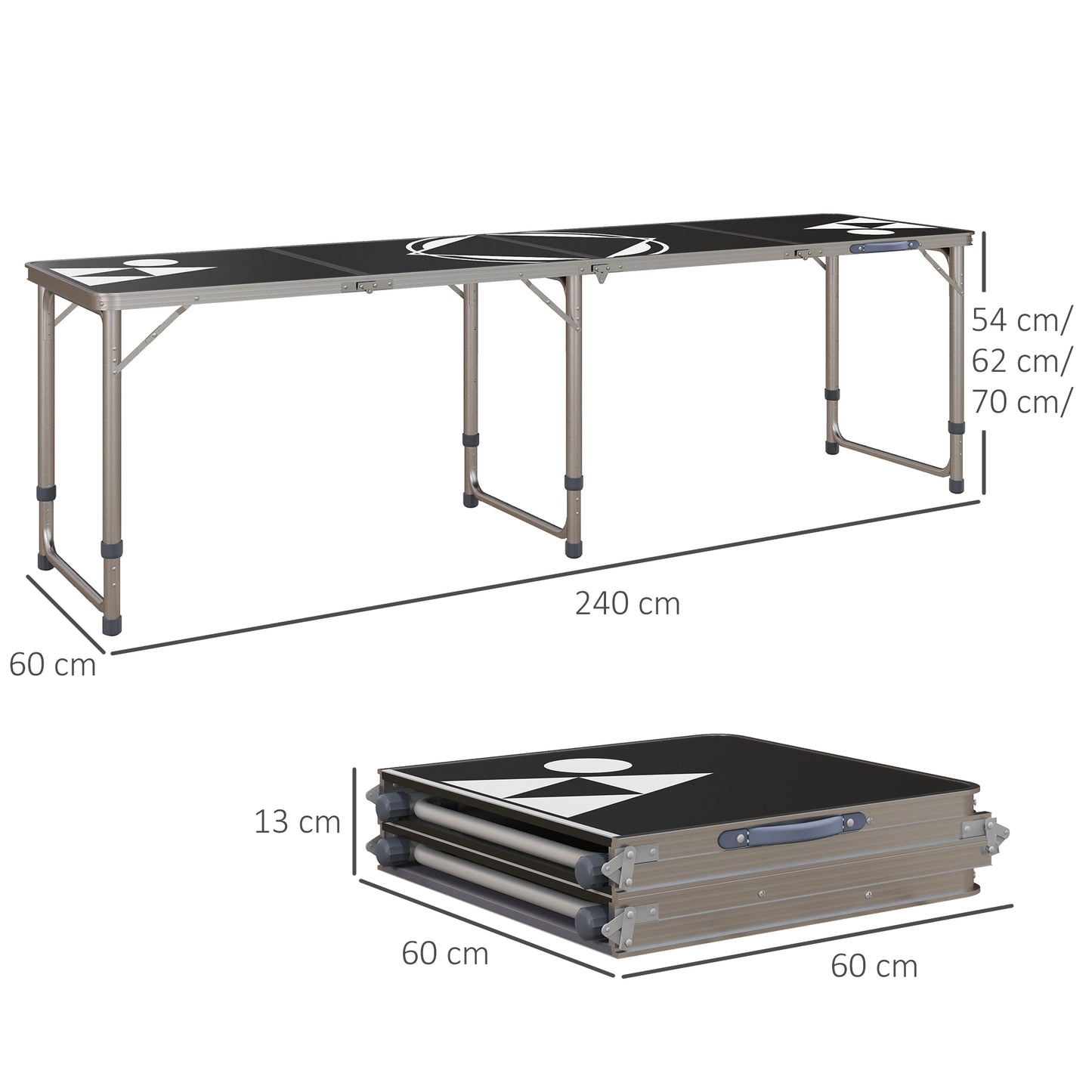 Outsunny Mesa Portátil con Patas de Aluminio Mesa de Beer Pong Plegable con Altura Ajustable en 3 Niveles para Jardín Barbacoa 240x60x54-70 cm Negro y Plata