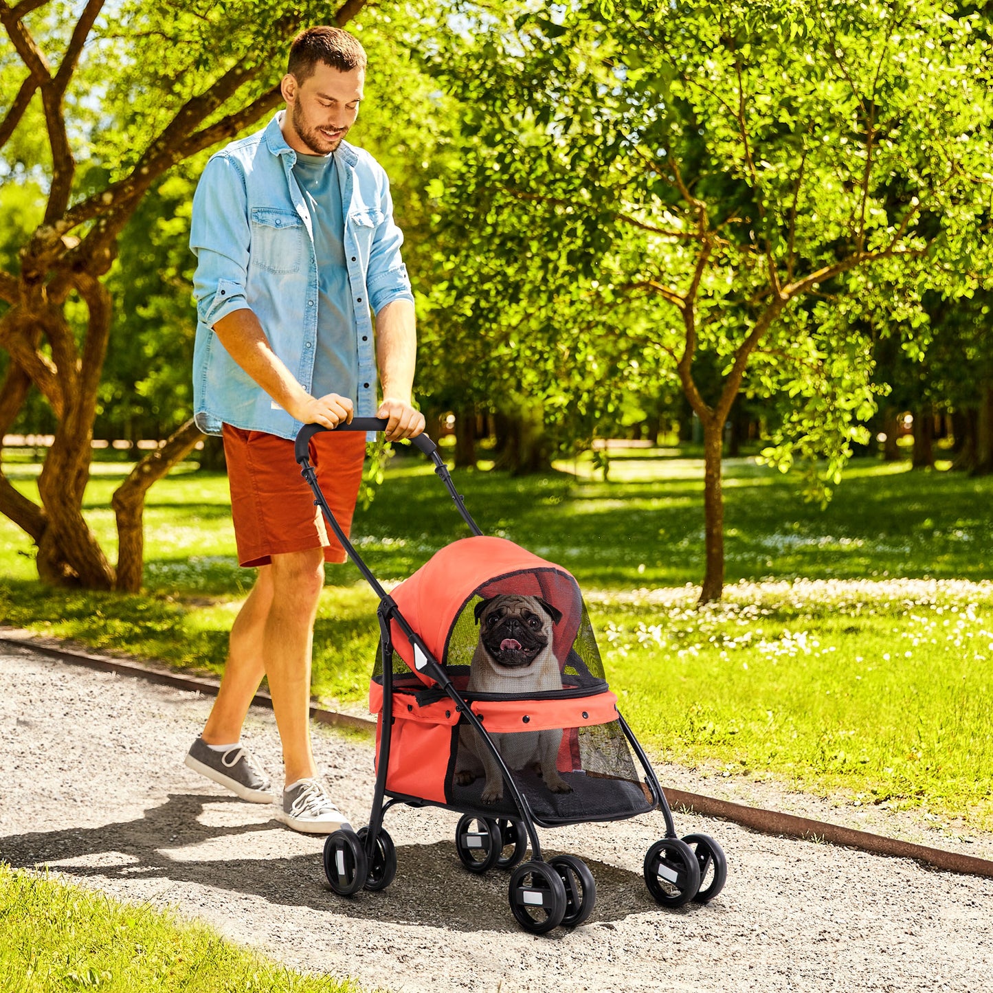 PawHut Carrito para Perros Plegable Cochecito para Mascotas Cochecito para Perros Pequeños con Ventanas de Malla Cojín Lavable Correas de Seguridad y Marco de Acero Rojo