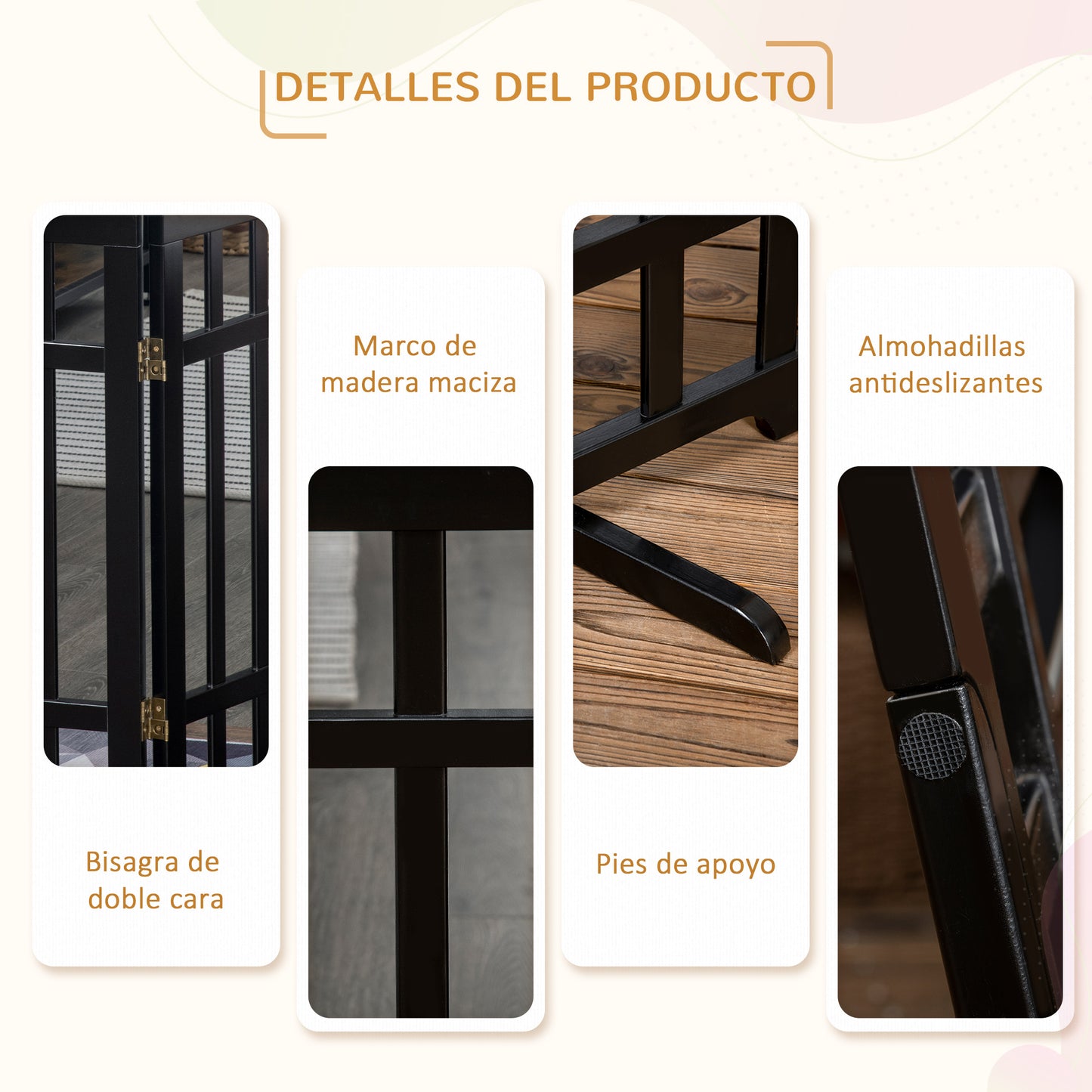 PawHut Barrera de Seguridad Plegable para Perros Valla de Madera para Mascotas de 3 Paneles con Soporte de Pie para Escaleras y Puertas 181x35x76 cm Negro