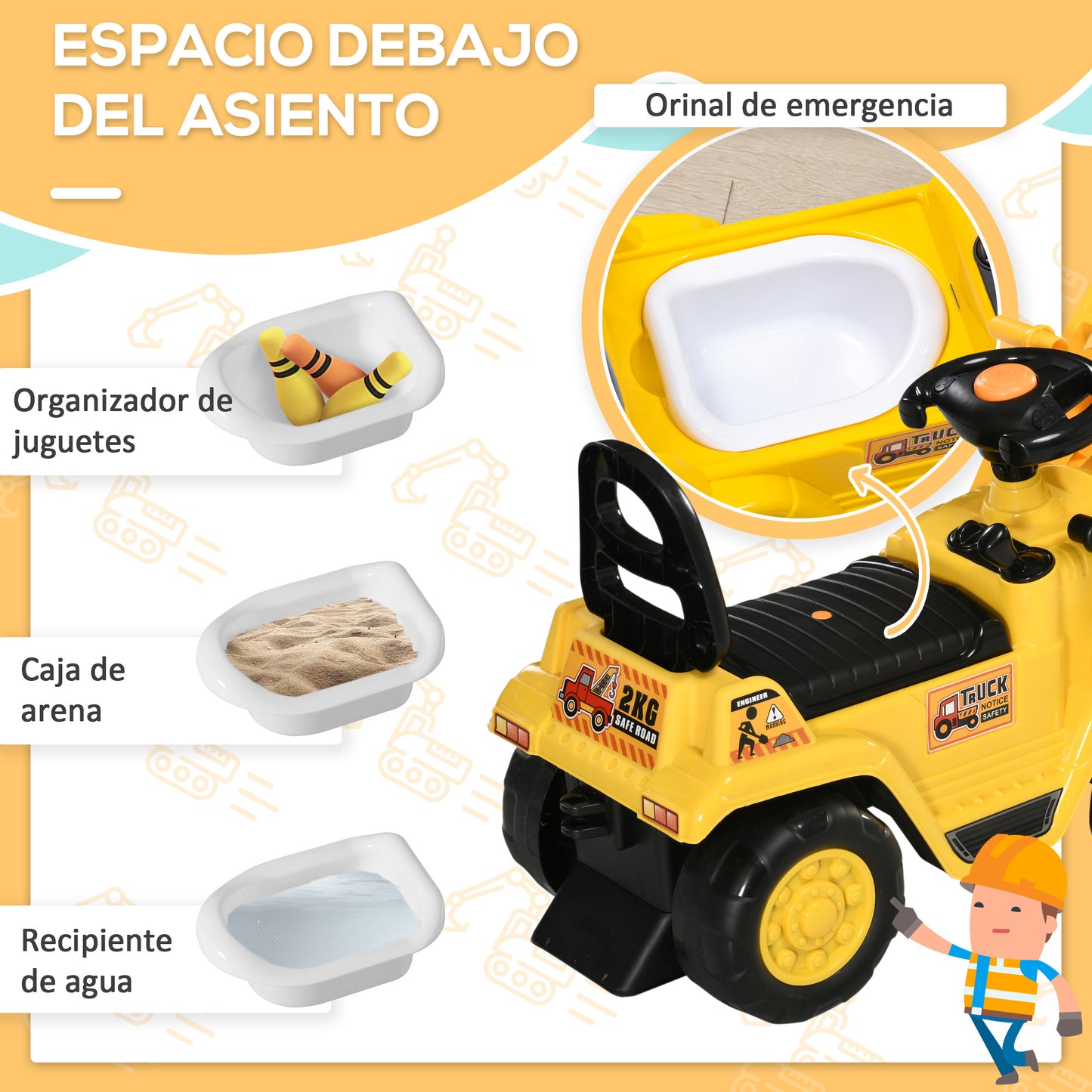 HOMCOM Tractor sin Pedales para Niños de +3 Años Excavadora Correpasillos Tractor Correpasillos con Pala Móvil Asiento de Almacenamiento y Bocina Carga 30 kg 83x27x39 cm Amarillo