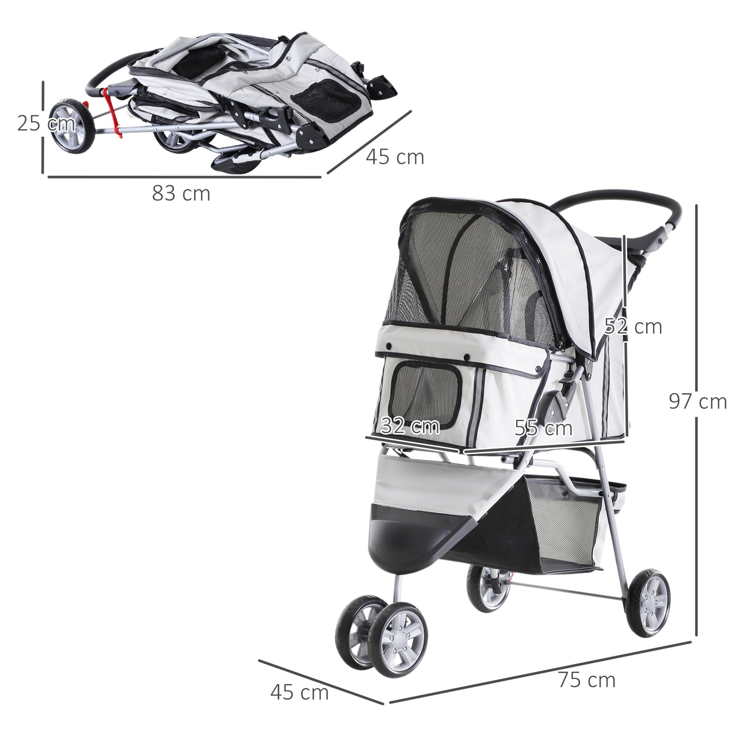 PawHut Carrito para Perros Plegable Cochecito para Mascotas Carrito para Perros Pequeños con Cesta de Almacenaje Ventanas de Malla y 2 Ruedas Universales 75x45x97 cm Gris