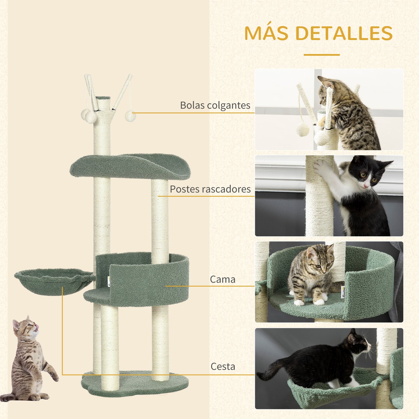 PawHut Árbol Rascador para Gatos Torre para Gatos Altura 123 cm con Hamaca Camas Postes de Sisal y Bolas de Juego 44x43x123 cm Verde y Crema