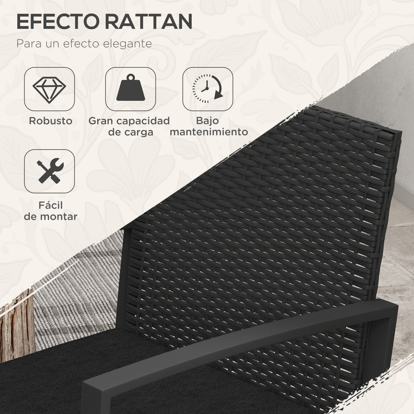 Outsunny Conjunto de Muebles de Jardín de Ratán Sintético Juego de 1 Mesa y 2 Sillas de Terraza con Cojines y Reposabrazos para Balcón Patio Negro