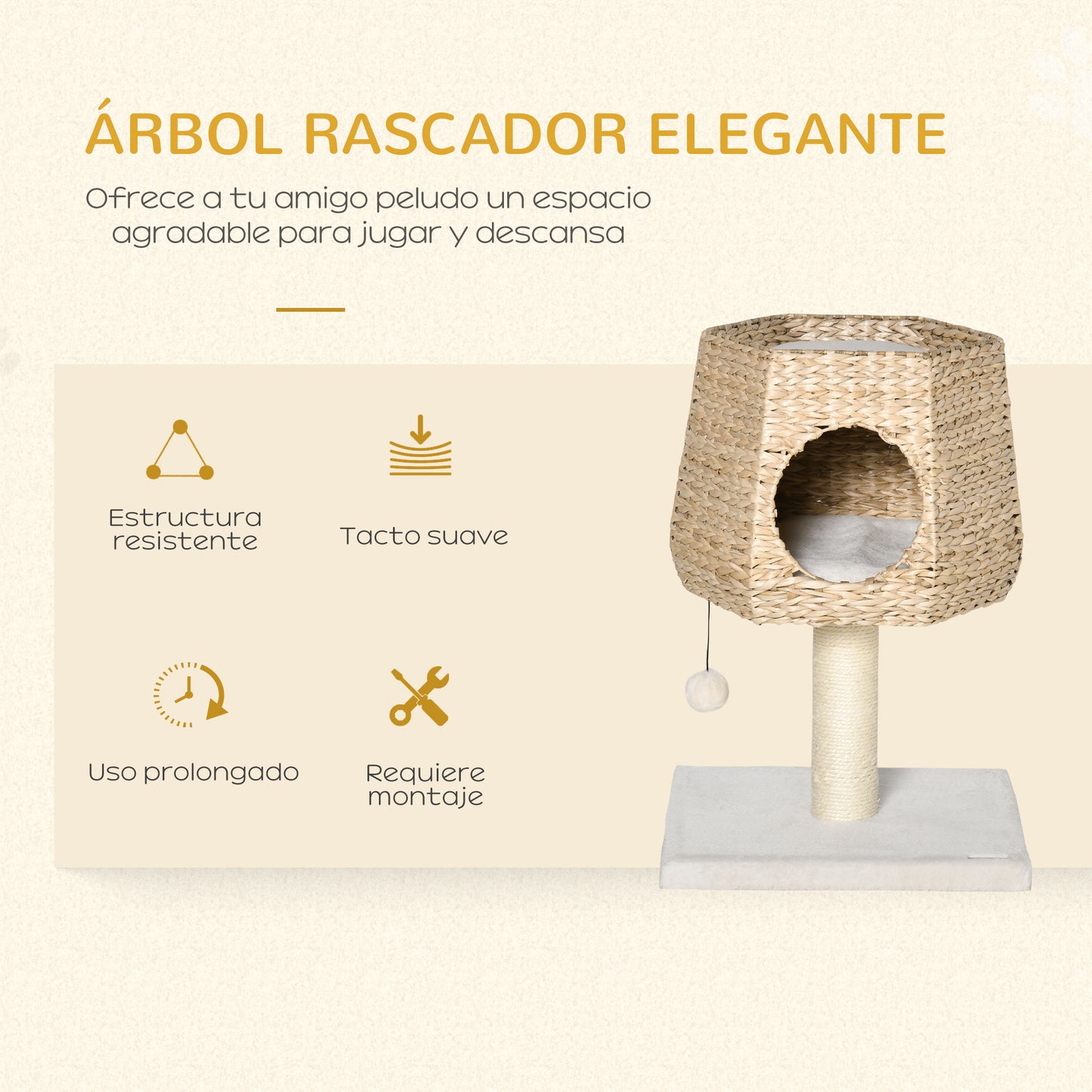 PawHut Árbol Rascador para Gatos Pequeño Altura 66 cm Torre Escalador de Gato con Cueva de Juncos Cama Superior Cojines Poste Rascador de Sisal y Bola Colgante Crema y Natural