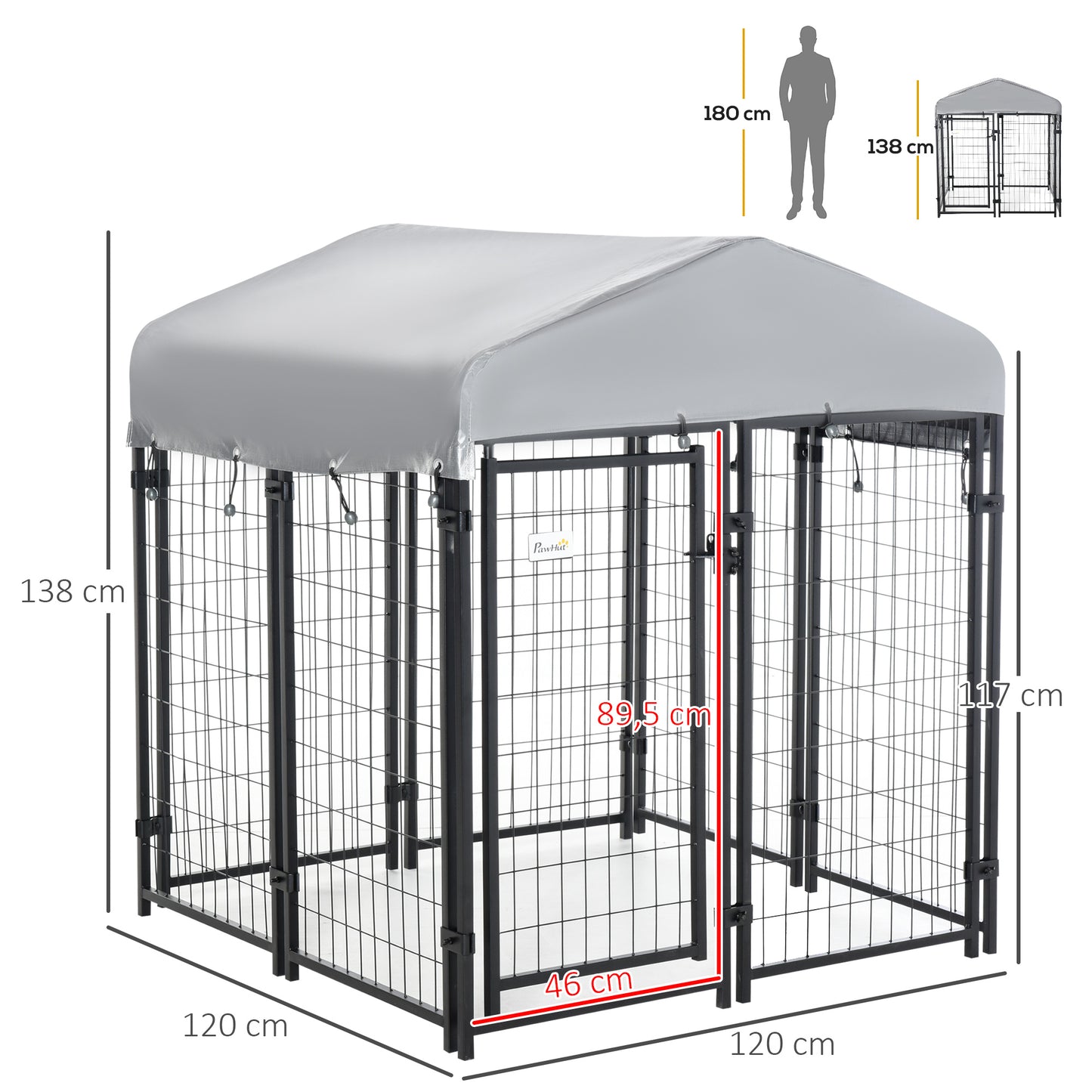 Pawhut Perrera de Exterior con Techo 120x120x138 cm Jaula para Perros Parque para Mascotas con Malla de Metal y Puerta con Cerradura para Jardín Patio Plata