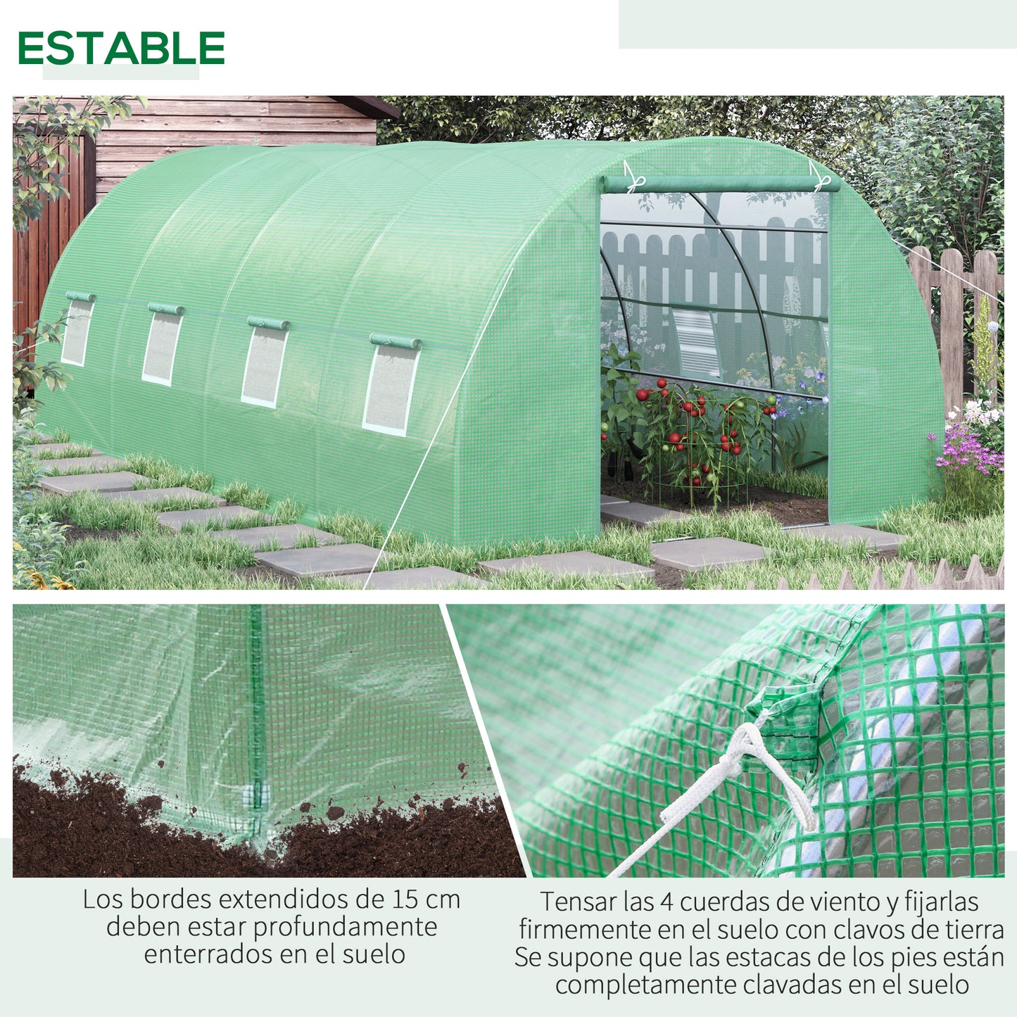 Outsunny Invernadero de Túnel 600x300x200 cm Invernadero de Jardín con Puerta Enrollable 8 Ventanas Cubierta PE 140g/m² y Tubo de Acero para Cultivos Plantas Verduras Verde