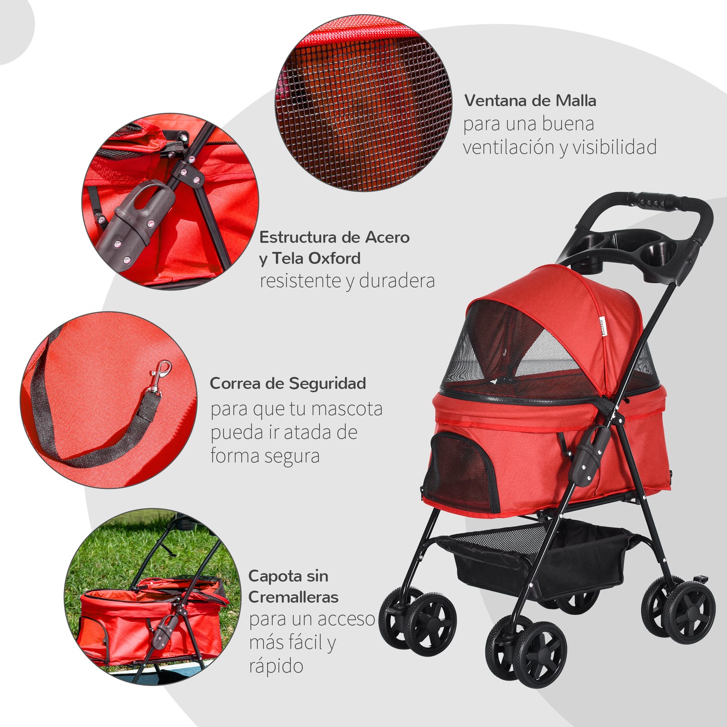 PawHut Cochecito para Perros Plegable Carrito para Perros Pequeños con Ruedas Universales Cesta de Almacenaje Correas de Seguridad y Ventanas 67x45x96 cm Rojo