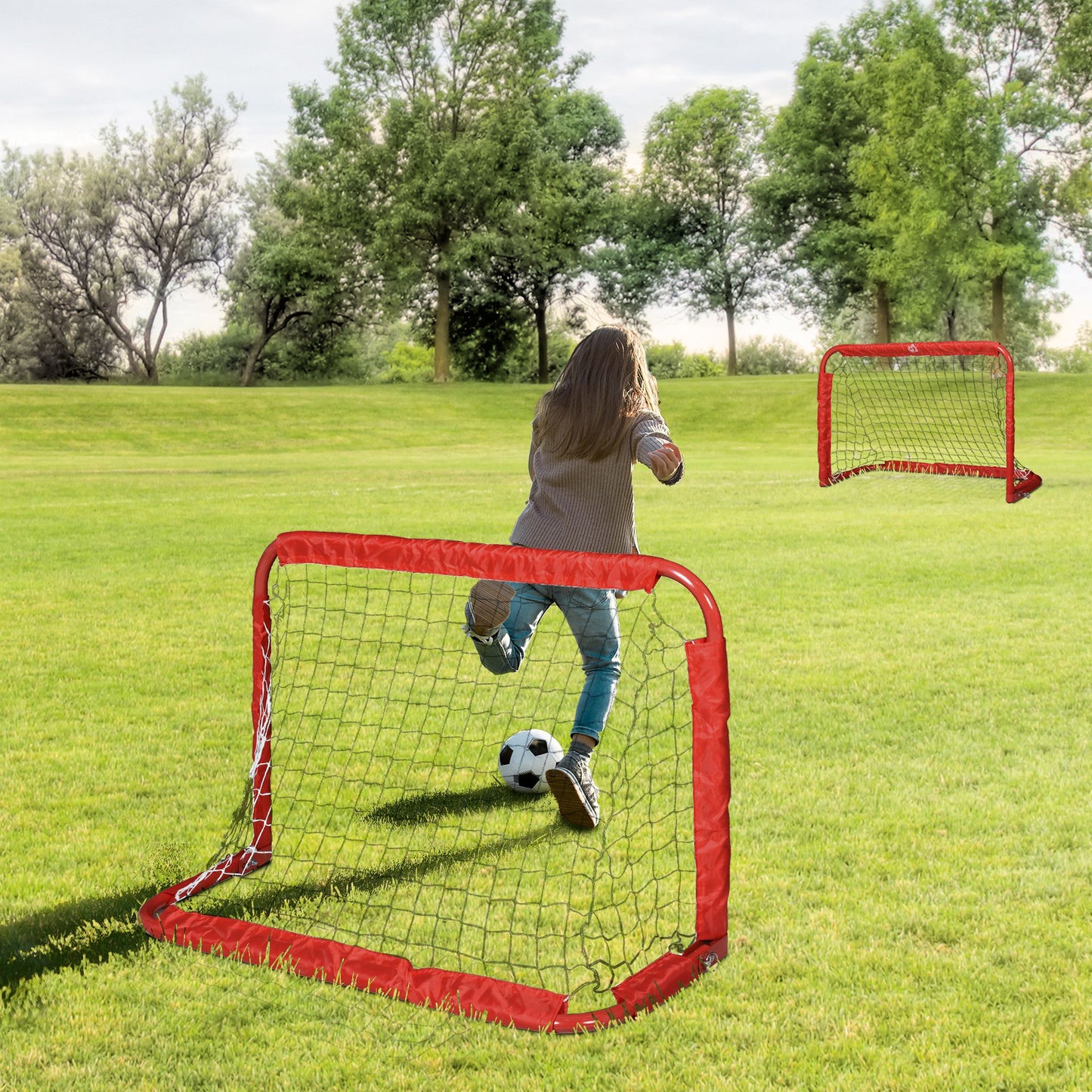 HOMCOM Set de 2 Porterías Plegables de Fútbol Puertas de Fútbol Portátil para Jardín y Exterior para Niños y Adultos Hierro Q195 Poliéster 90x36x60 cm Rojo