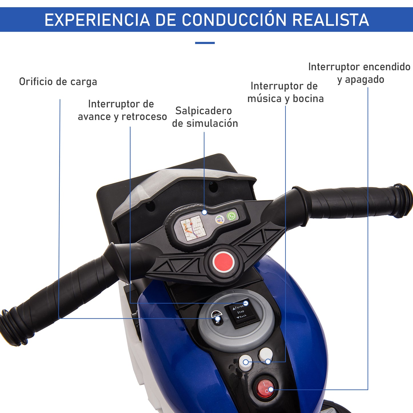 HOMCOM Moto Eléctrica para Niños de +3 Años Moto de Batería 6V con Luces Música Bocina Neumáticos Anchos Moto para Niños con Velocidad 3 km/h Azul y Negro