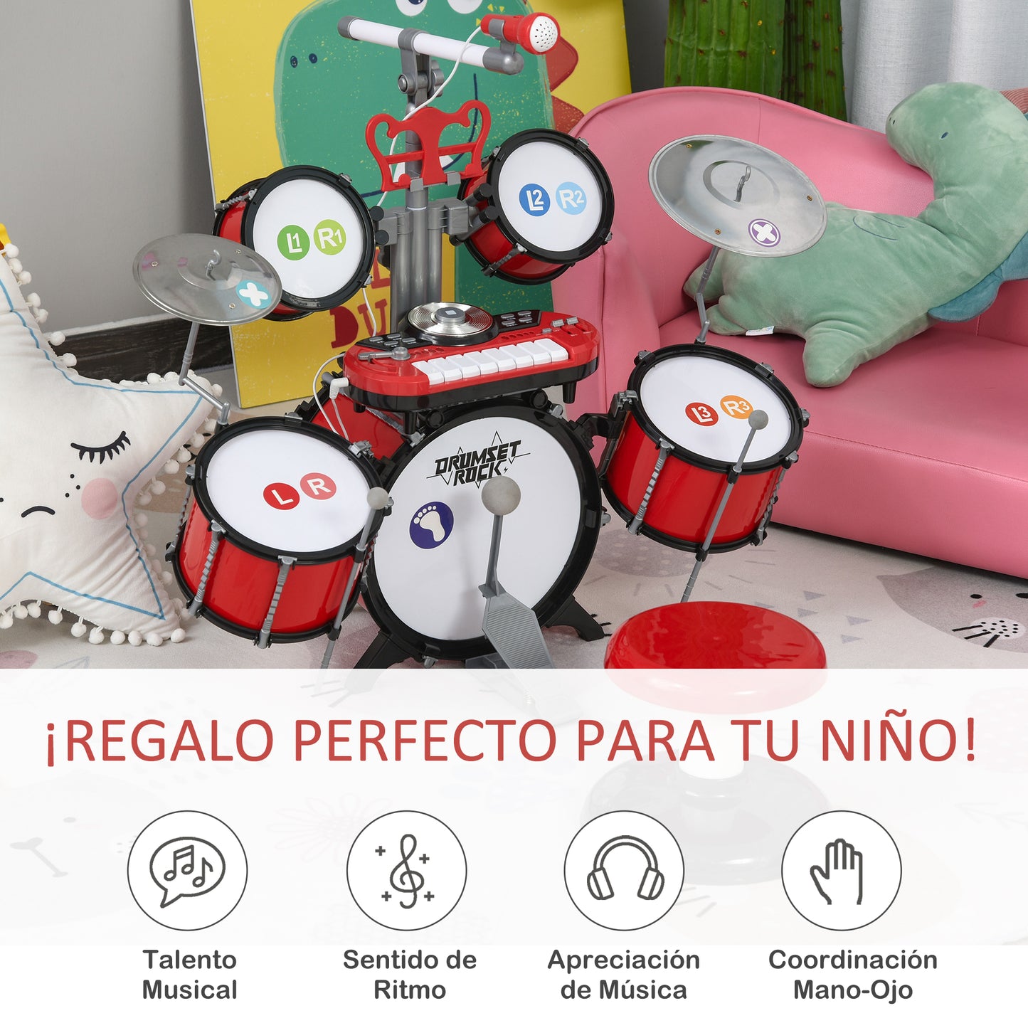 HOMCOM Batería Infantil con Taburete Micrófono Platos Baquetas Teclado y Varios Efectos de DJ Instrumento Musical para Niños +3 Años 77,5x40x76,5 cm Rojo