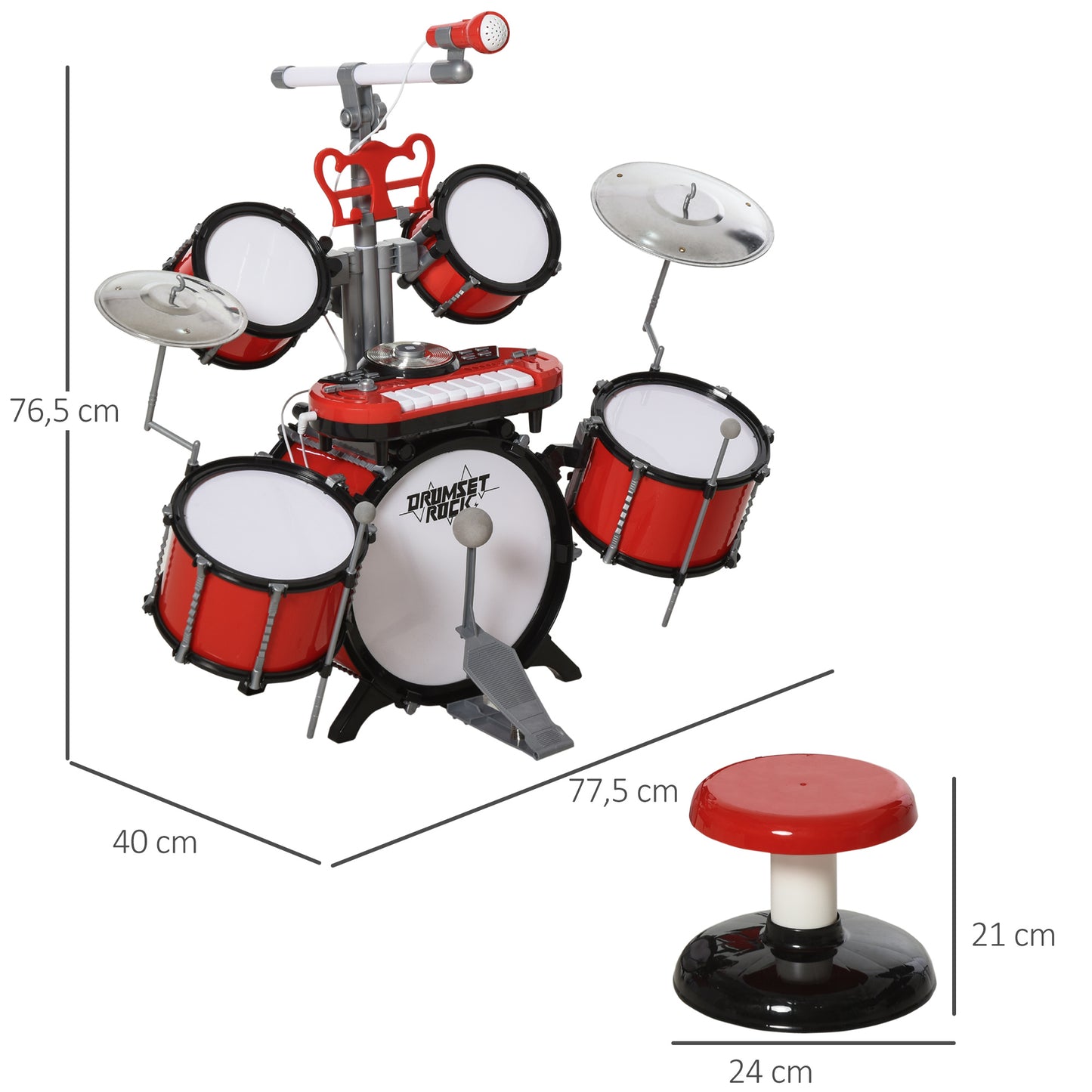 HOMCOM Batería Infantil con Taburete Micrófono Platos Baquetas Teclado y Varios Efectos de DJ Instrumento Musical para Niños +3 Años 77,5x40x76,5 cm Rojo