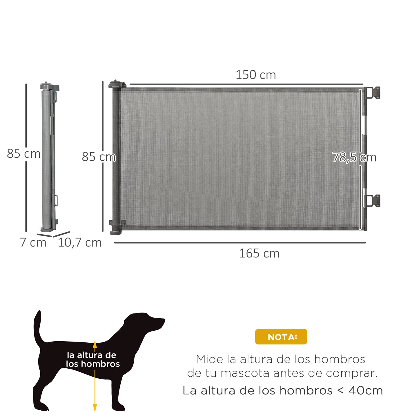 PawHut Puerta de Seguridad para Perros y Gatos Extensible 0-150 cm Puerta Retráctil para Mascotas Barrera para Escaleras y Pasillos Aleación de Aluminio 165x10,7x85 cm Gris