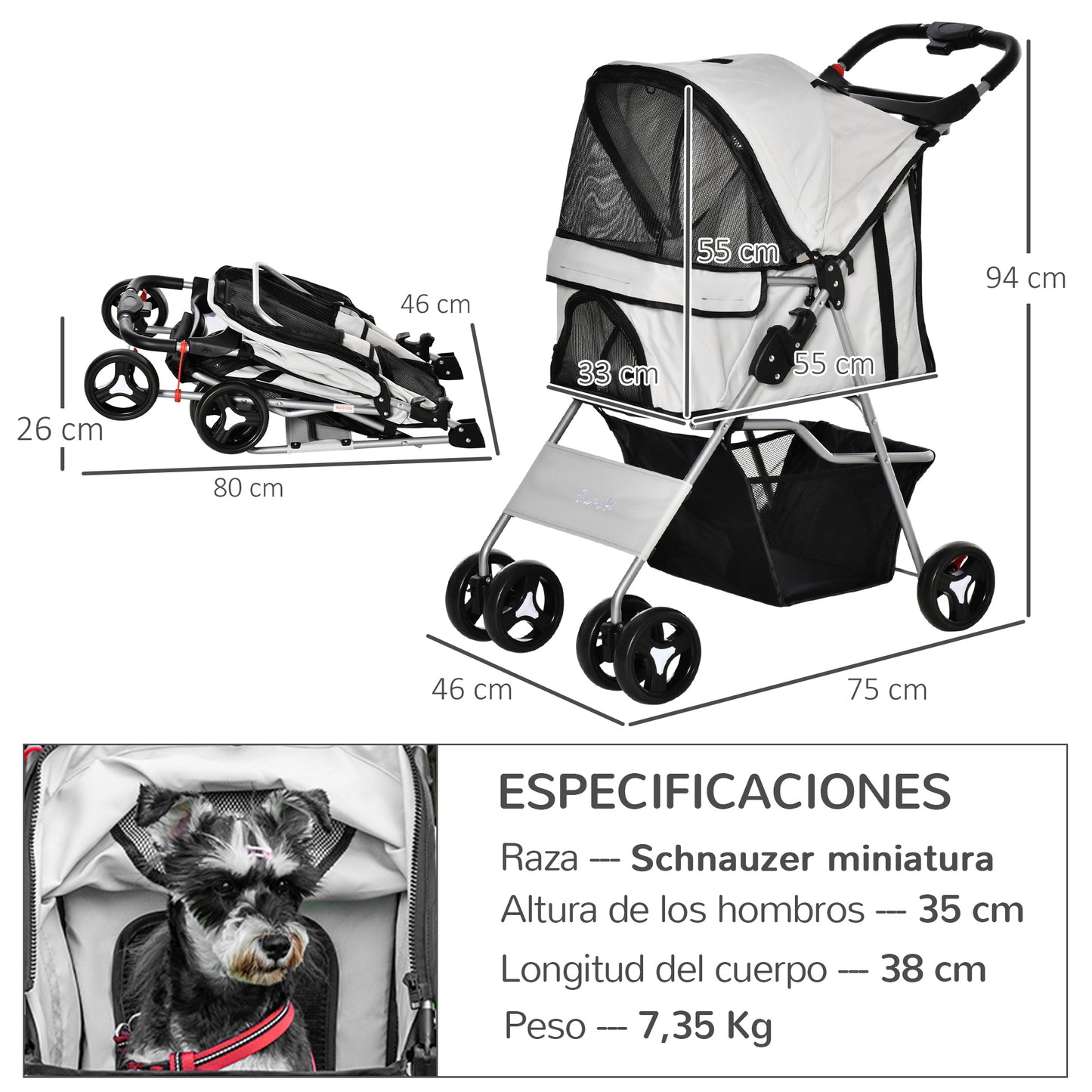 PawHut Carrito para Perros Plegable Cochecito para Mascotas Carrito para Perros Pequeños con Toldo Ajustable Cesta de Almacenaje 2 Ruedas Universales y Marco de Acero 75x46x94 cm Gris